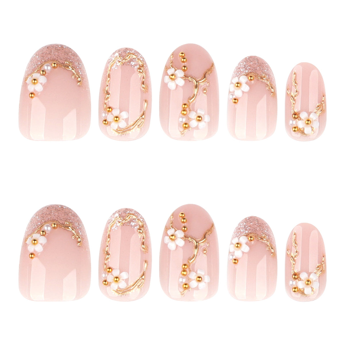 Soft Pink Floral Almond Nails with Gold Details – Image 5