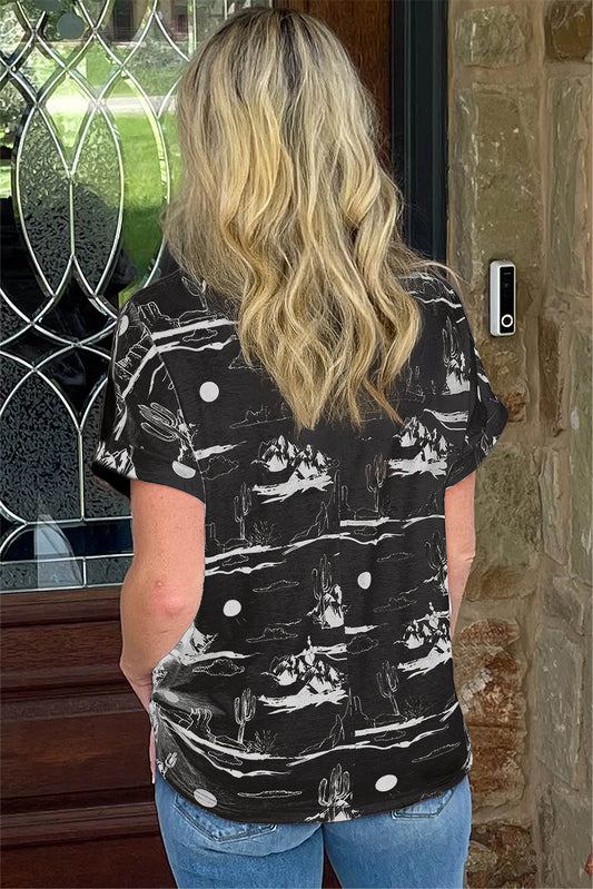 Black Desert Sand Print Short Sleeve Knit Top