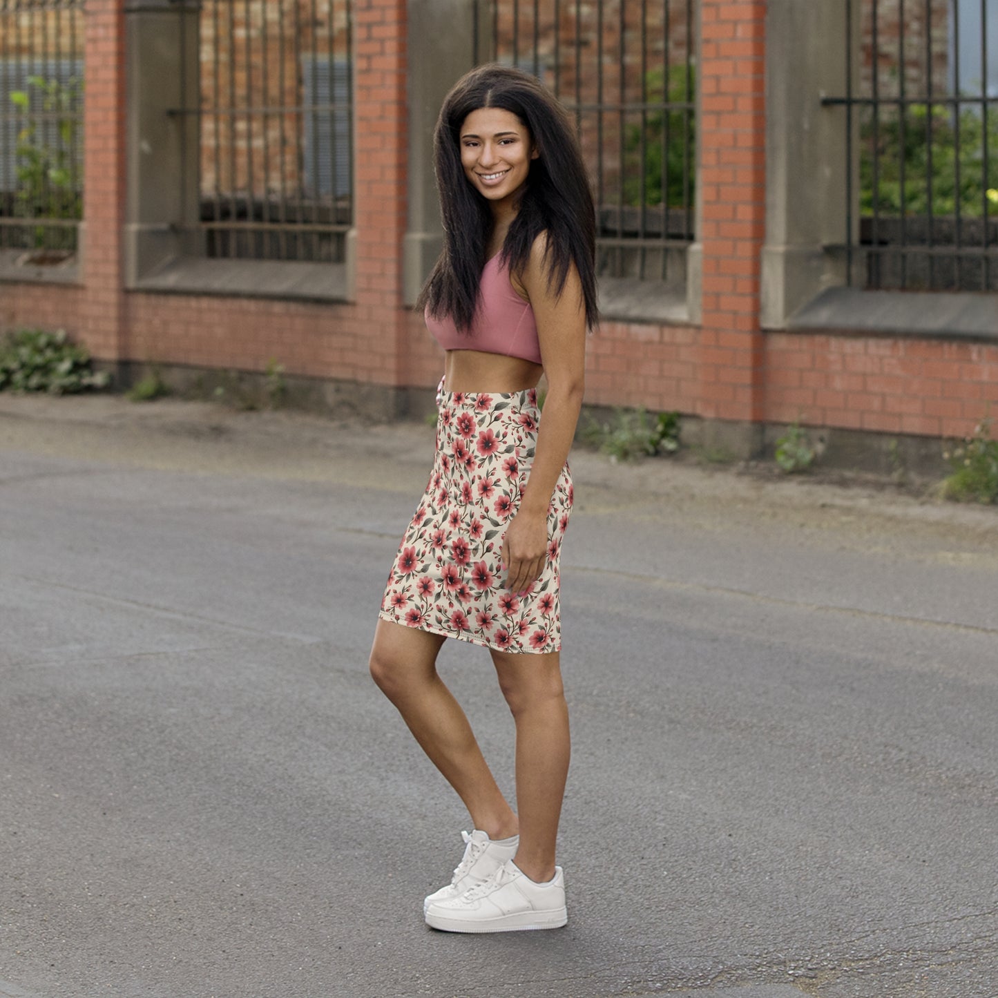 Floral Pink Watercolor Pencil Skirt — Mid‑Waist Summer Floral Print