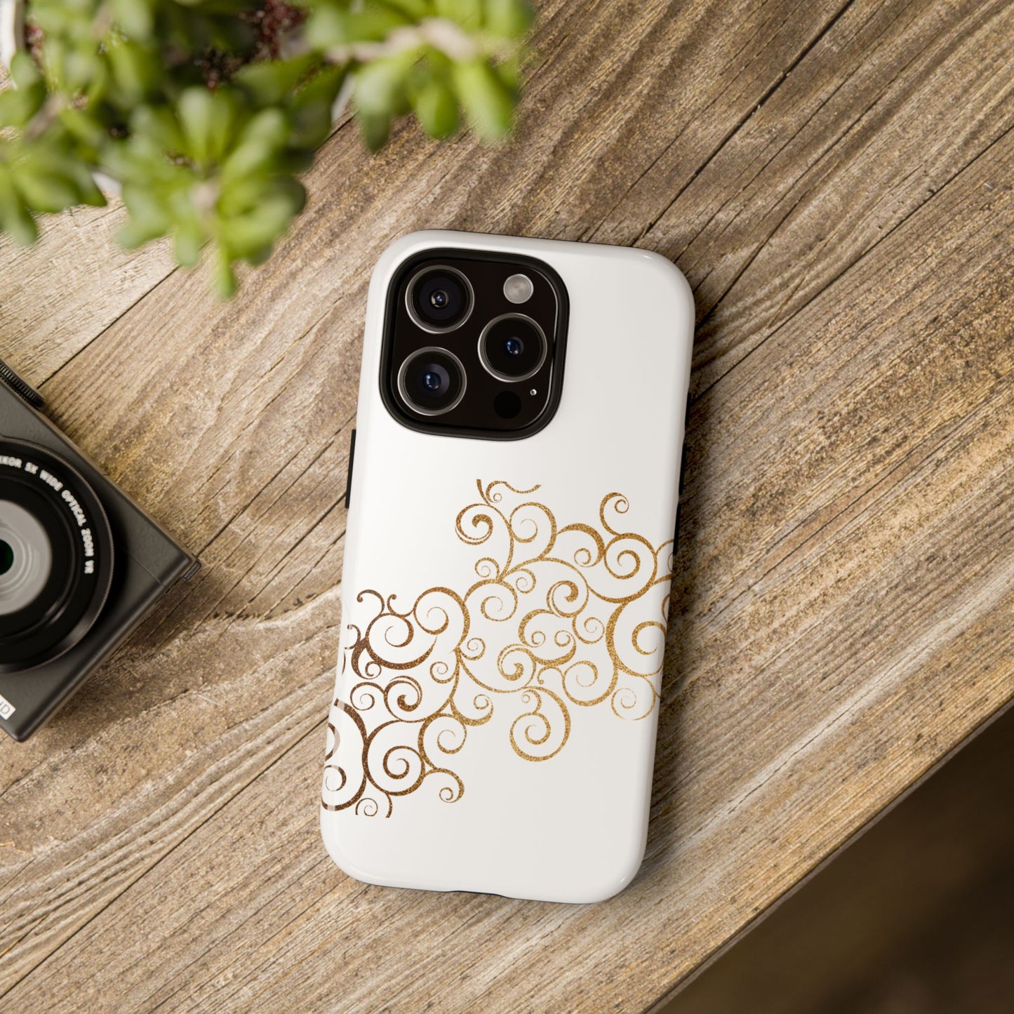 Elegant Floral Phone Case, Tough Cases, Gold Swirls, Stylish Protection, Trendy Gift, Chic Accessory