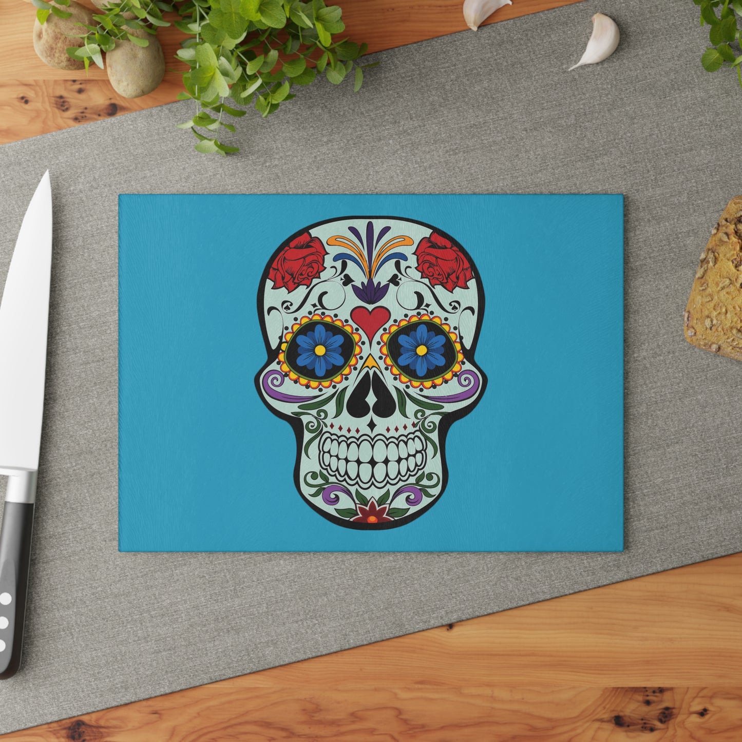 Decorative Glass Cutting Board with Colorful Sugar Skull Design