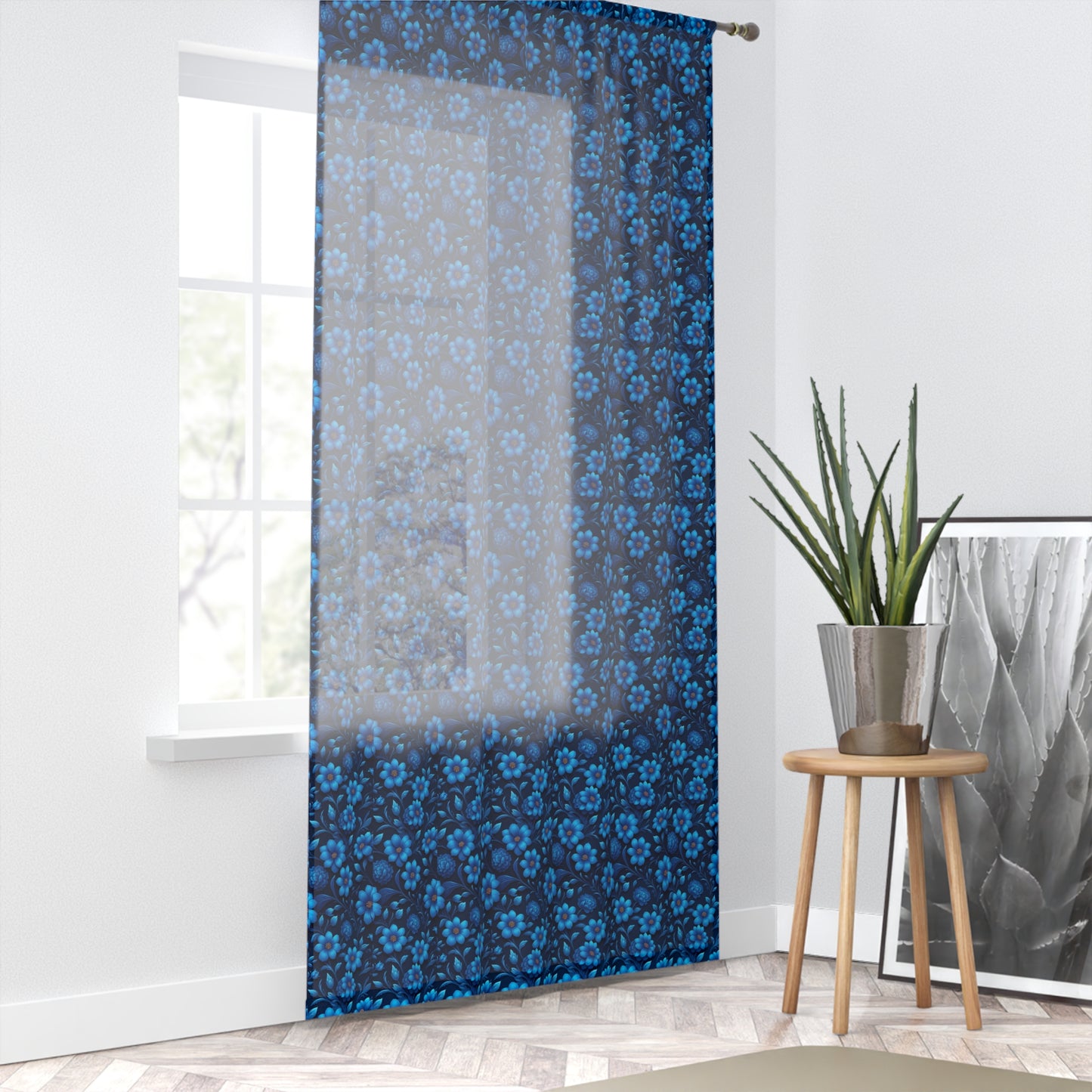 Elegant Blue Floral Window Curtain for Home Décor, Lightweight Sheer Drapery, Living Room Accents, Bedroom Privacy, Gift for Housewarming