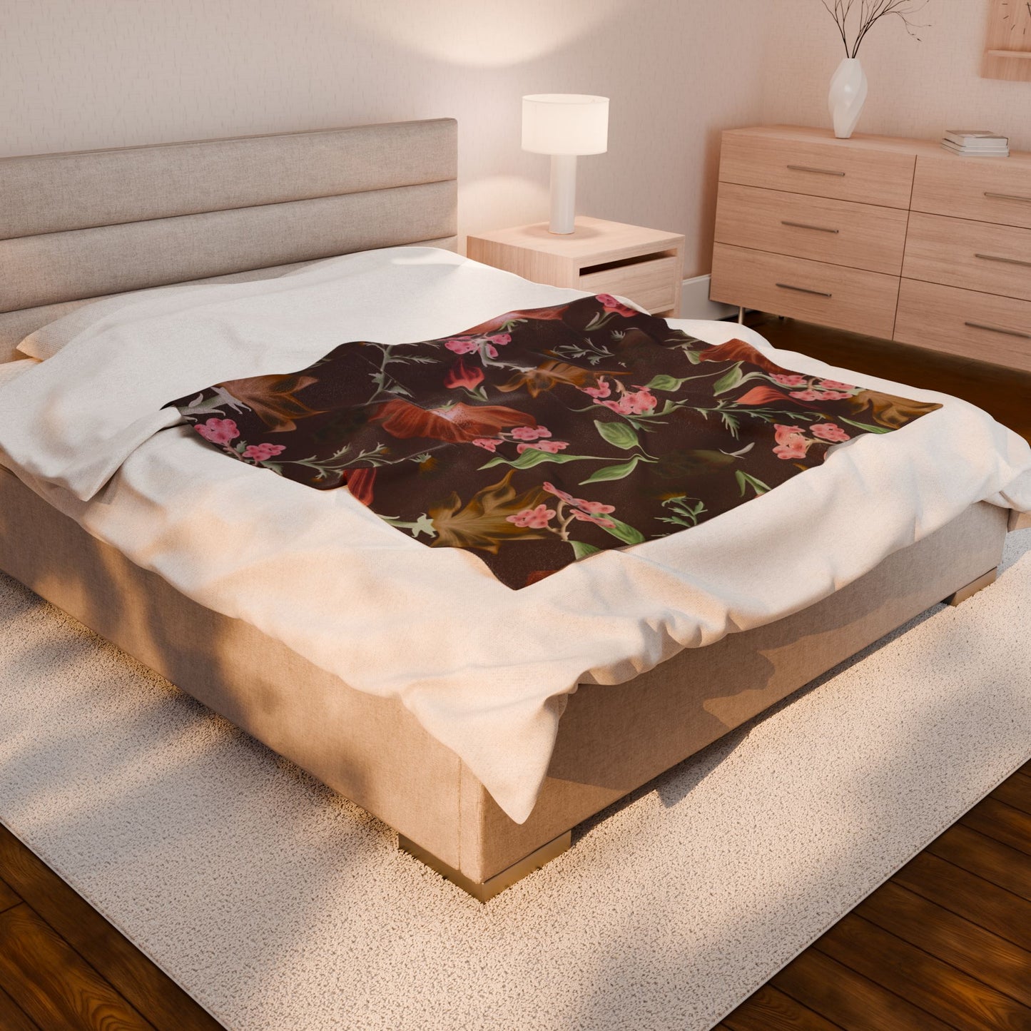 Floral Skull Velveteen Blanket, Cozy Throw, Living Room Decor, Gift for Her, Soft Bedding, Boho Home Accent