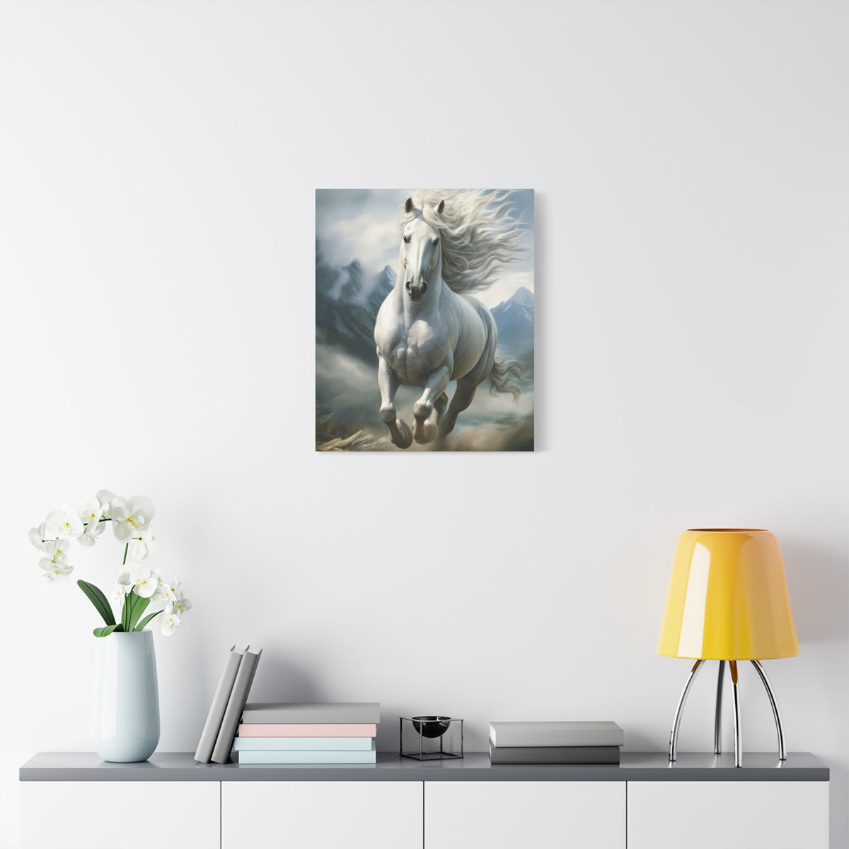 White Stallion Canvas Print – Majestic Galloping Horse Wall Art