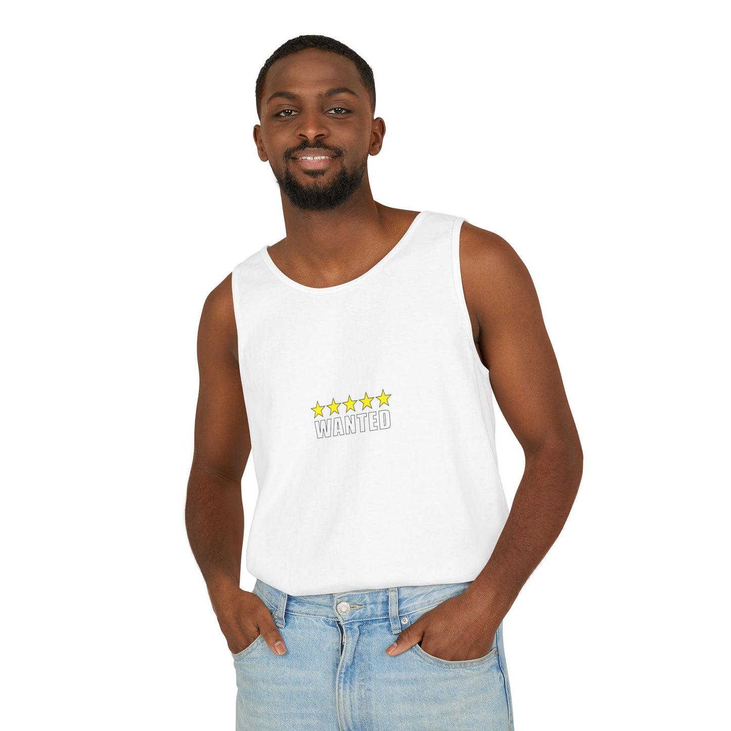 5-Star "WANTED" Garment-Dyed Tank Top, Unisex Summer Shirt, Gift for Him/Her, Trendy Casual Wear, Pool Party Outfit, Unique Graphic Tee