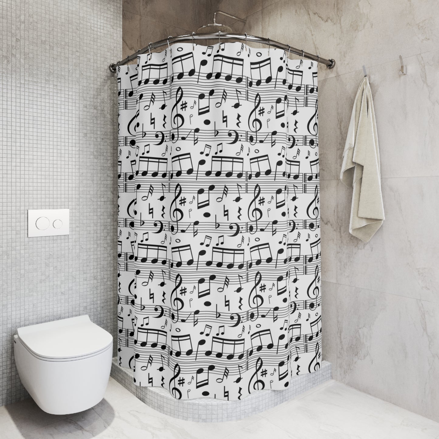 Music Notes Shower Curtain — Black & White Musical Score Bathroom Decor