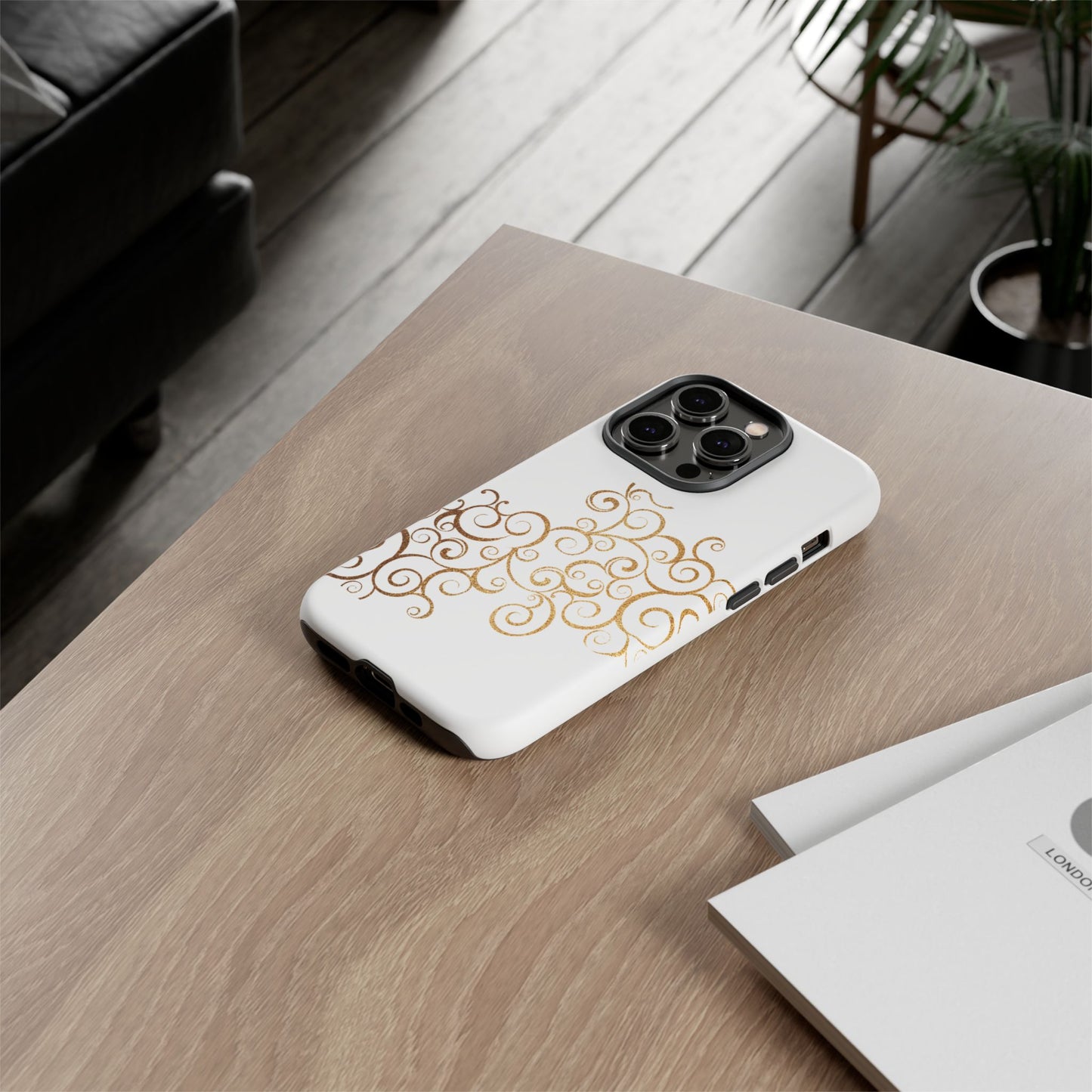 Elegant Floral Phone Case, Tough Cases, Gold Swirls, Stylish Protection, Trendy Gift, Chic Accessory