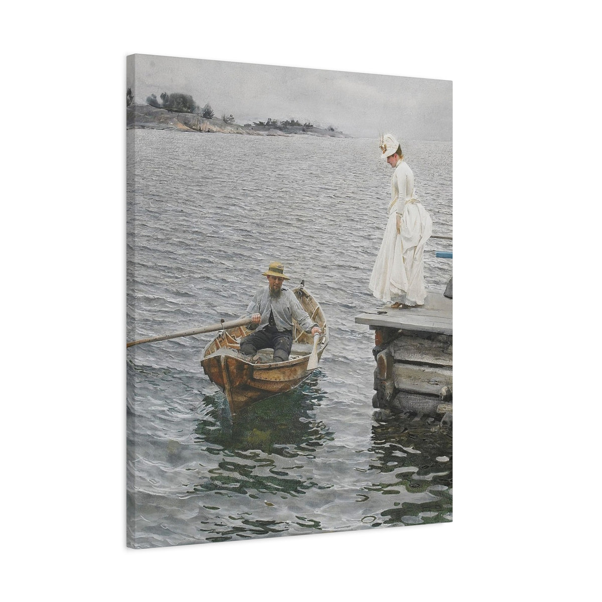 Seaside Stroll Canvas Print — Vintage Woman & Rowboat Matte Stretched Art 1.25"