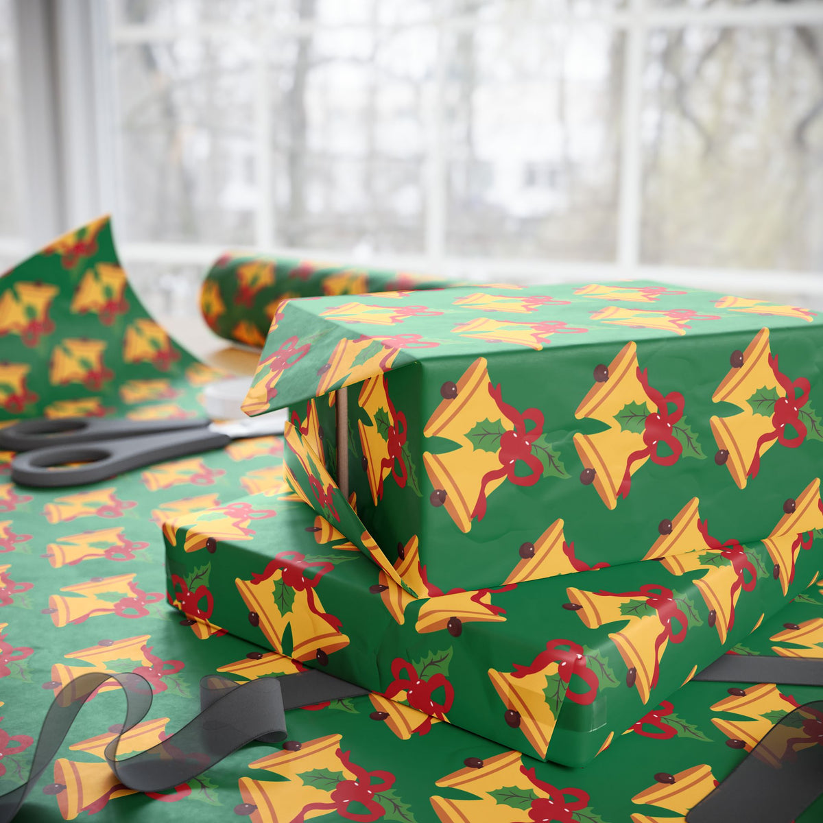 Christmas Bells Wrapping Paper Roll — Green Holly Holiday Gift Wrap