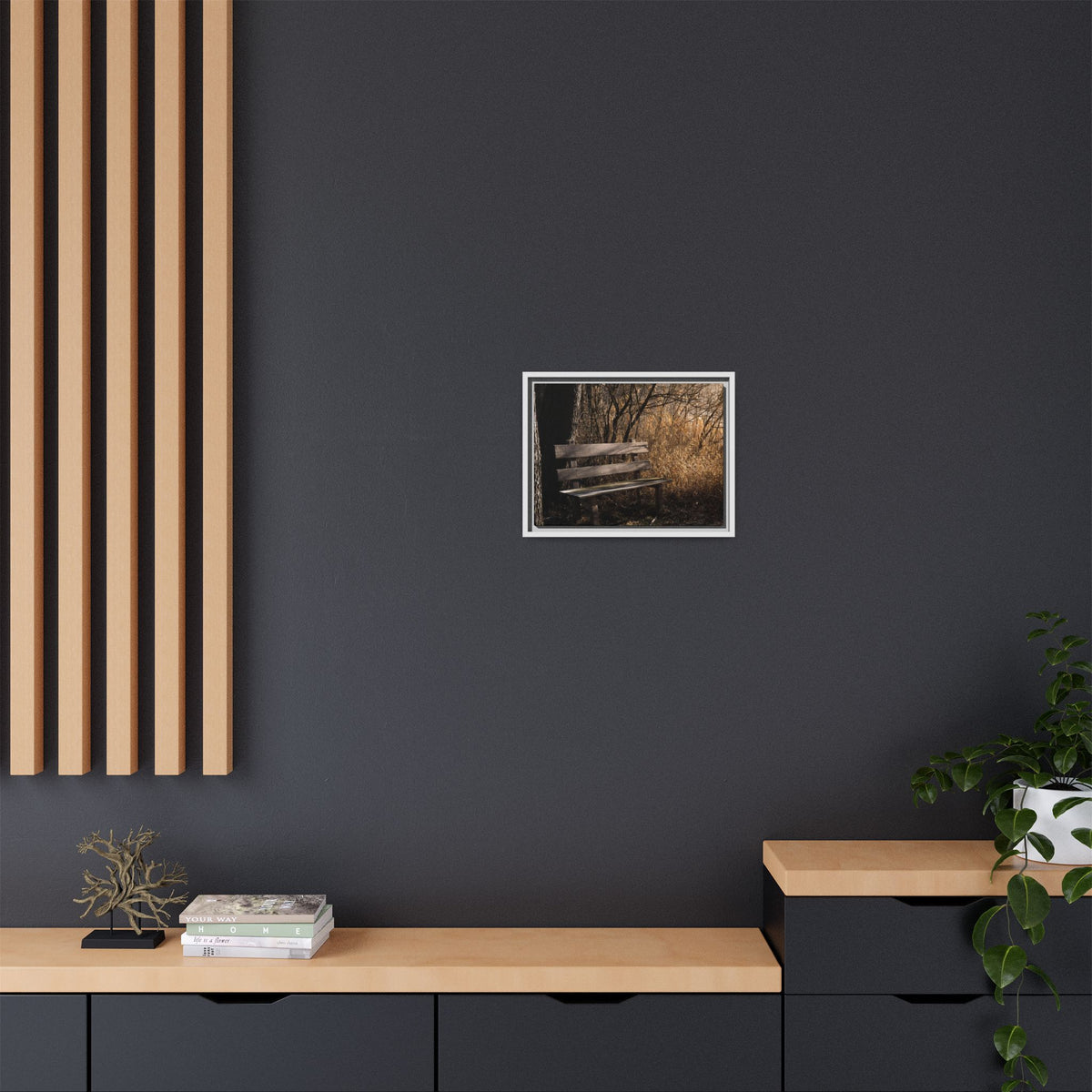 Framed Matte Canvas Print — Autumn Park Bench Photography