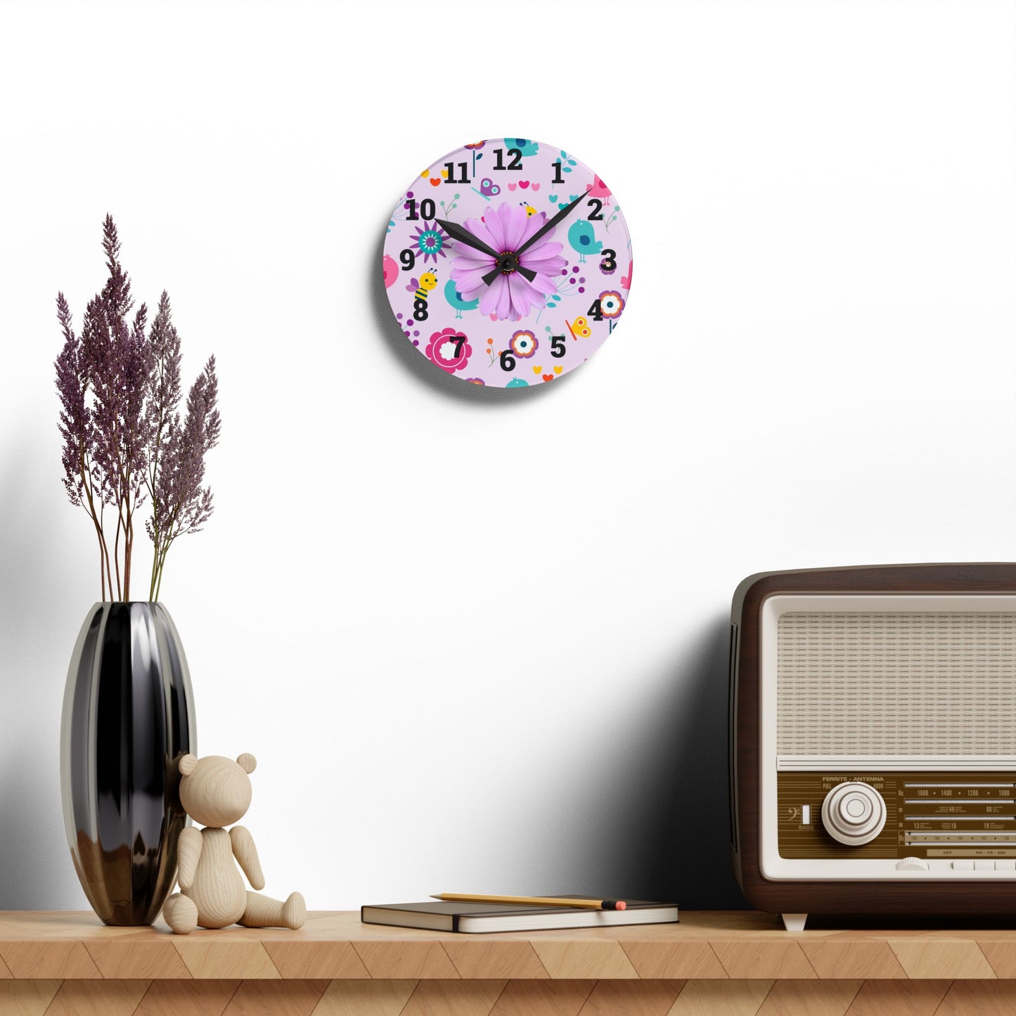 Whimsical Floral Acrylic Wall Clock, Cute Decor, Spring Vibes, Home Office Gift