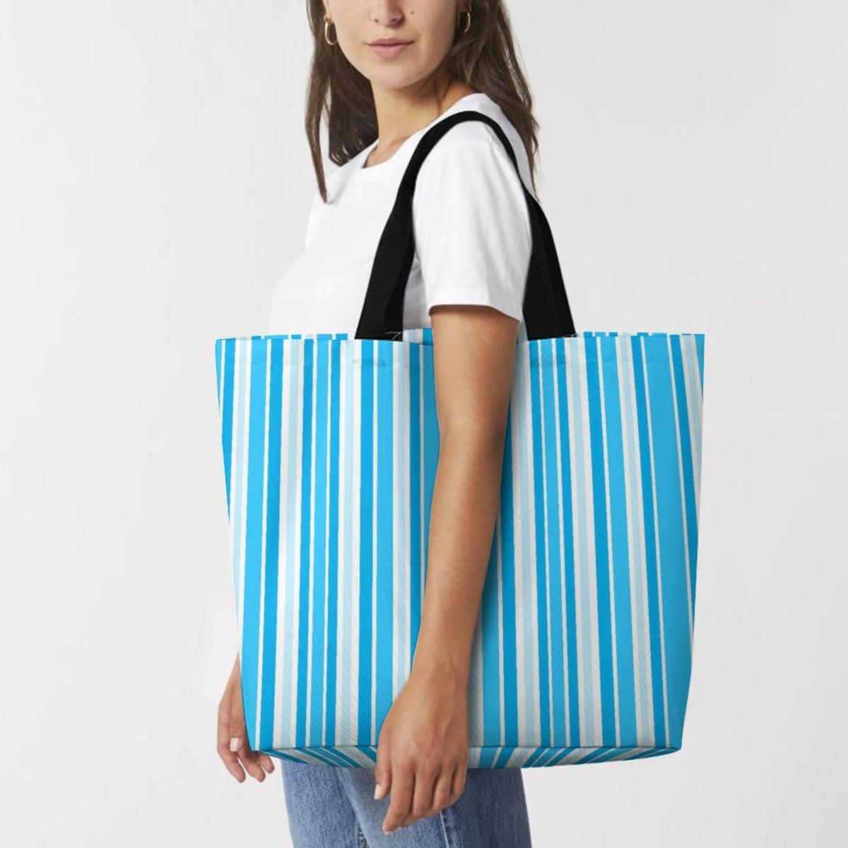 Large One Shoulder Shopping Bag Blue Stripes
