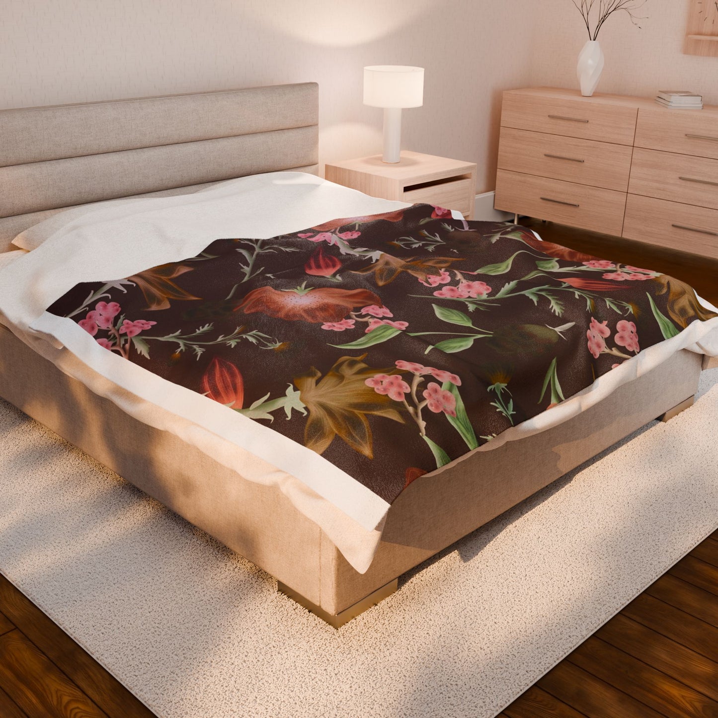 Floral Skull Velveteen Blanket, Cozy Throw, Living Room Decor, Gift for Her, Soft Bedding, Boho Home Accent