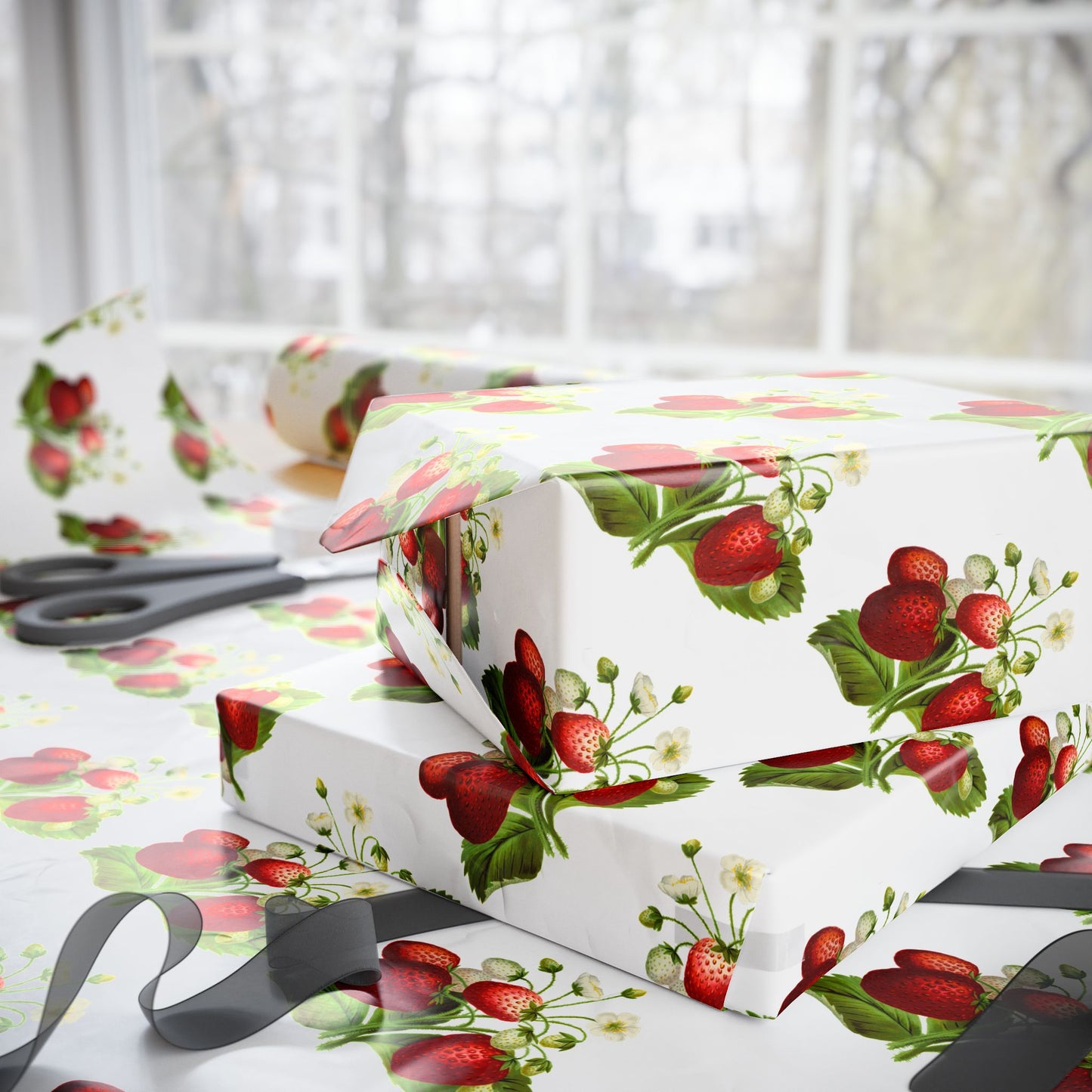 Strawberry Floral Wrapping Paper, Gift Wrap for Birthdays, Holidays, Showers, Eco-friendly Packaging, Cute Strawberry Design