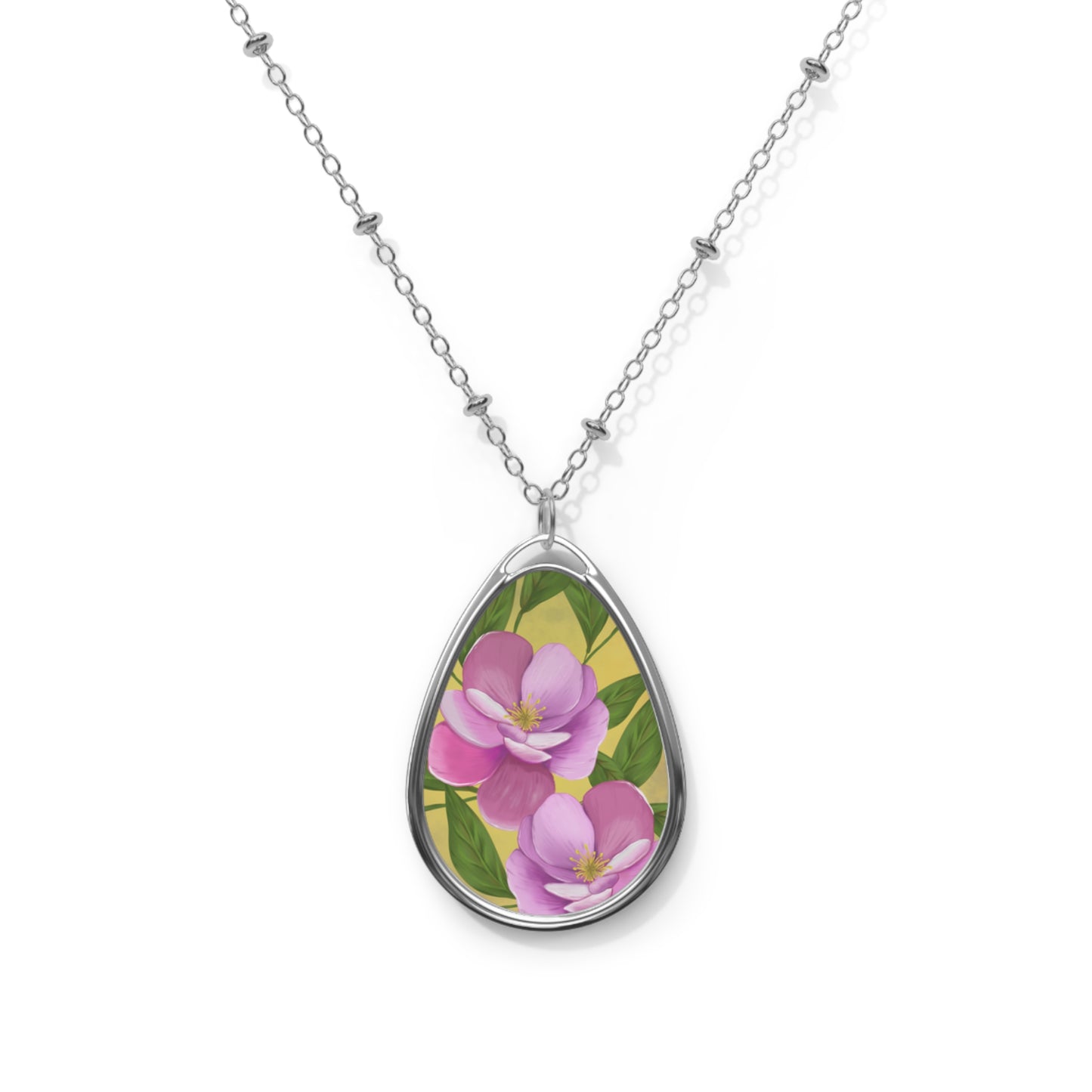Floral Oval Necklace, Delicate Jewelry, Gift for Her, Mother's Day, Anniversary, Nature Lover Pendant