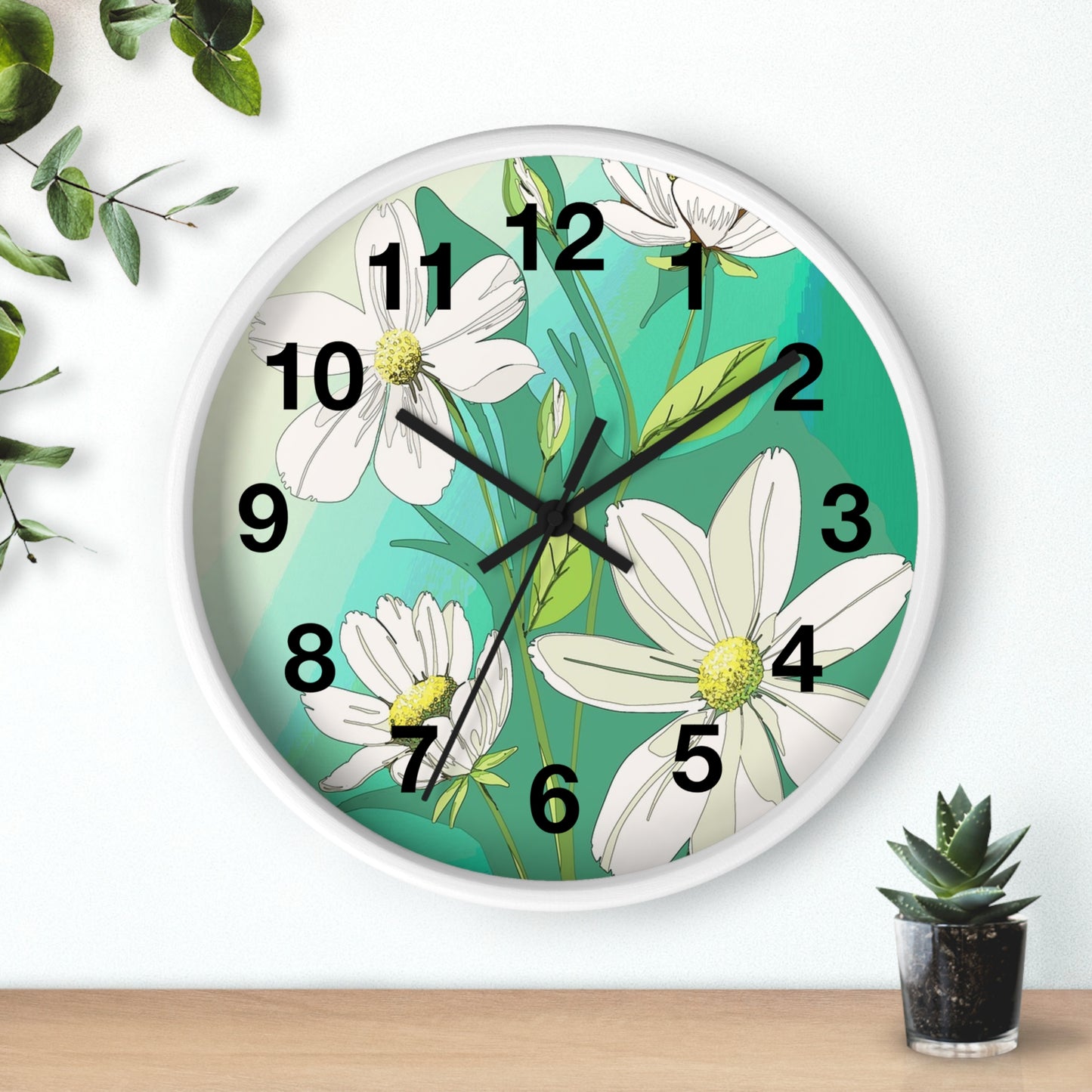 Wall Clock - Green White Floral