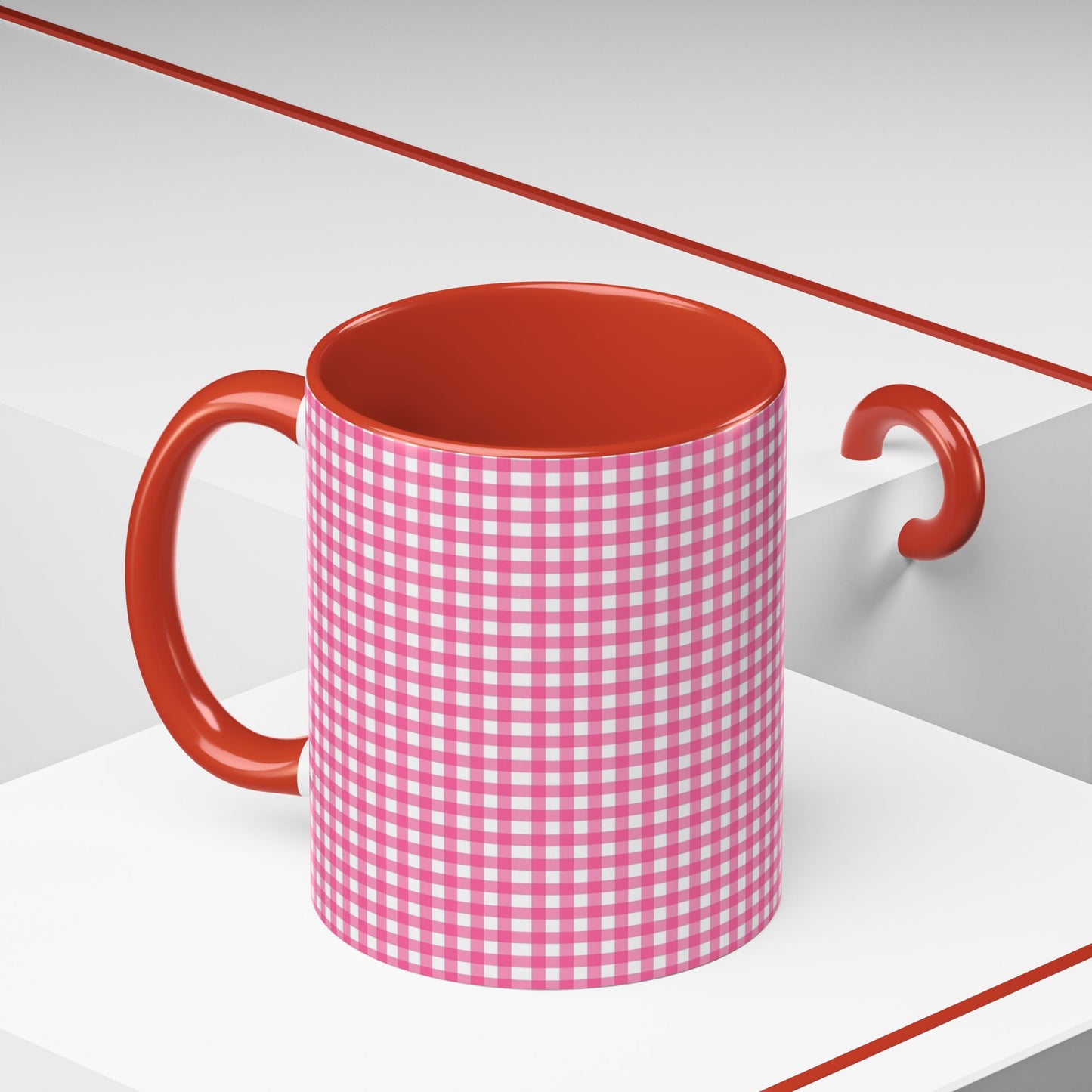 Pink Gingham Accent Coffee Mug, Cute Kitchen Decor, Gift for Coffee Lovers, Home Office Mug, Spring and Summer Vibes