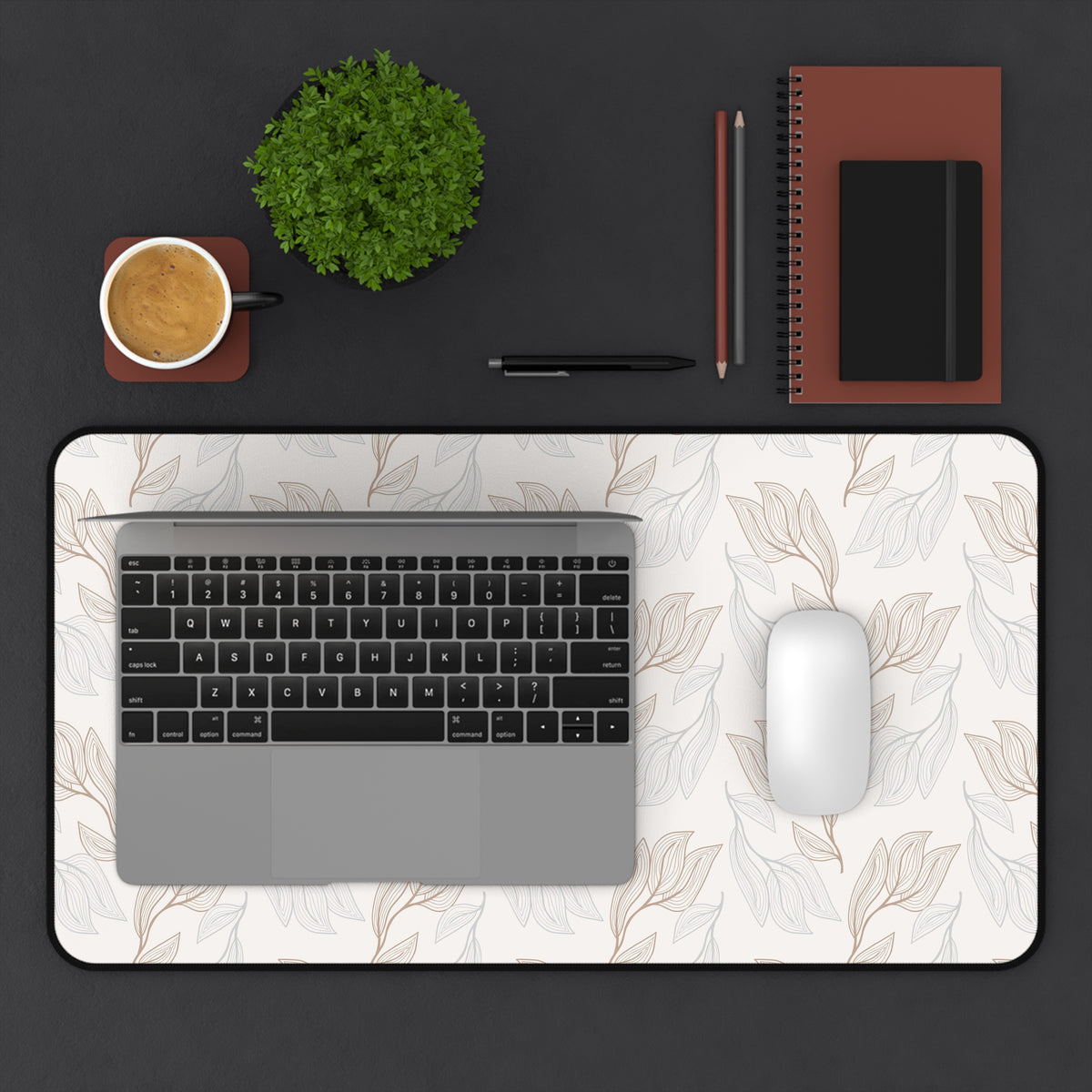 Desk Mat — Neutral Leaf Pattern Desk Mat (Beige Minimal Botanical Mousepad)