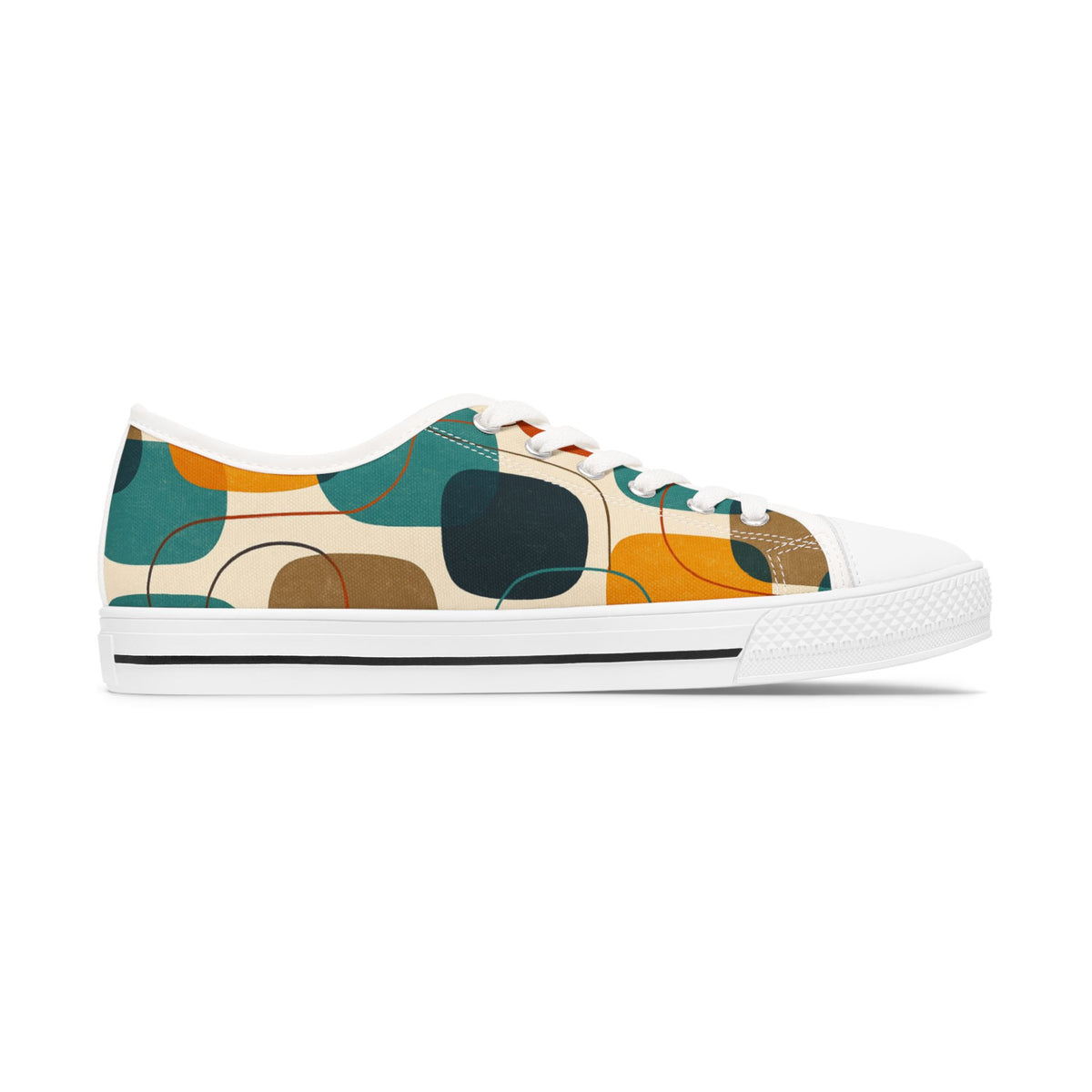Low Top Sneakers — Retro Abstract Teal & Mustard Geometric Pattern