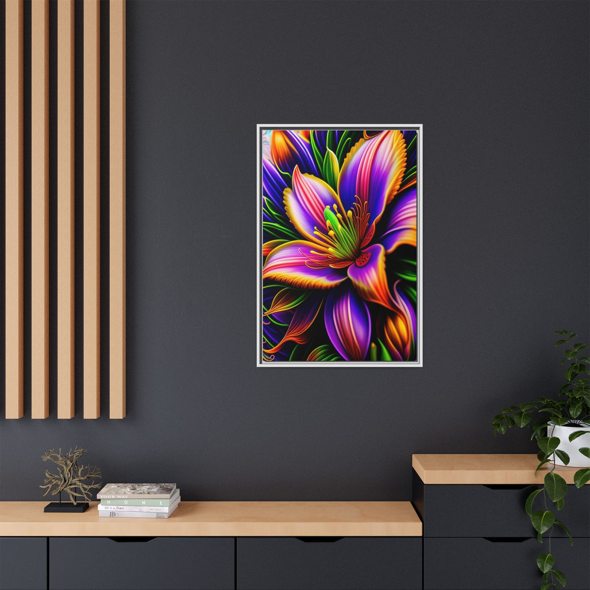 Vibrant Neon Floral Matte Canvas Print — Framed Wall Art