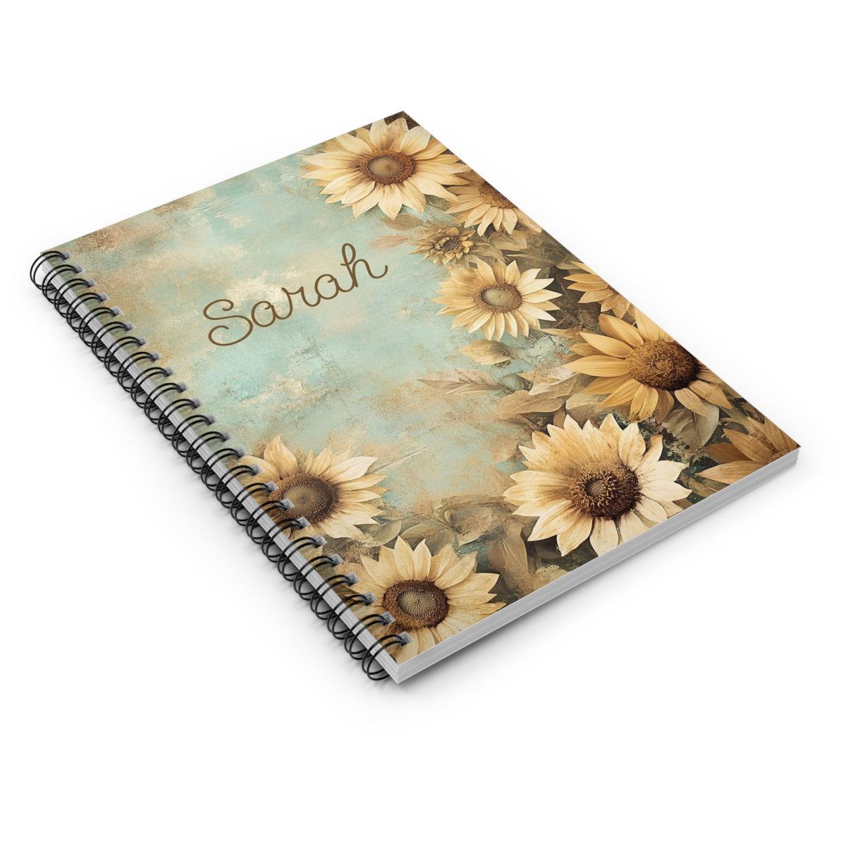Personalized Floral Spiral Notebook - Sarah, Journal, Gift, Stationery, School, Writing, Notebook with Sunflowers