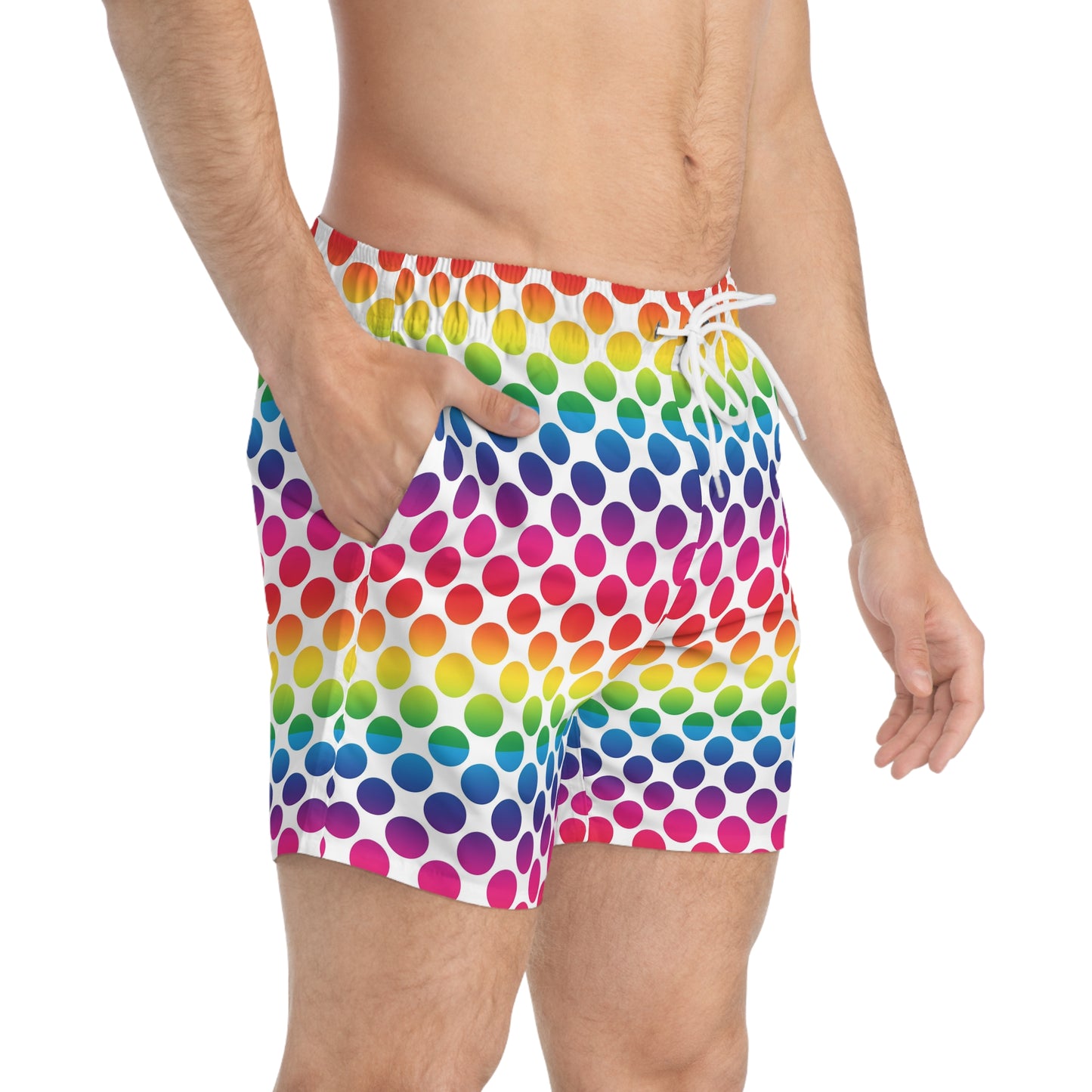 Vibrant Rainbow Polka Dot Swim Trunks, Fun Beachwear, Summer Pool Party Shorts, Gifts for Vacationers, Colorful Swimming Apparel