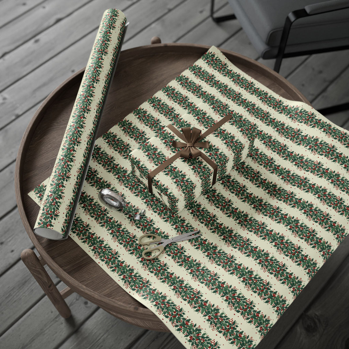 Wrapping Paper Roll — Festive Green Wreath & Red Berry Holiday Wrap