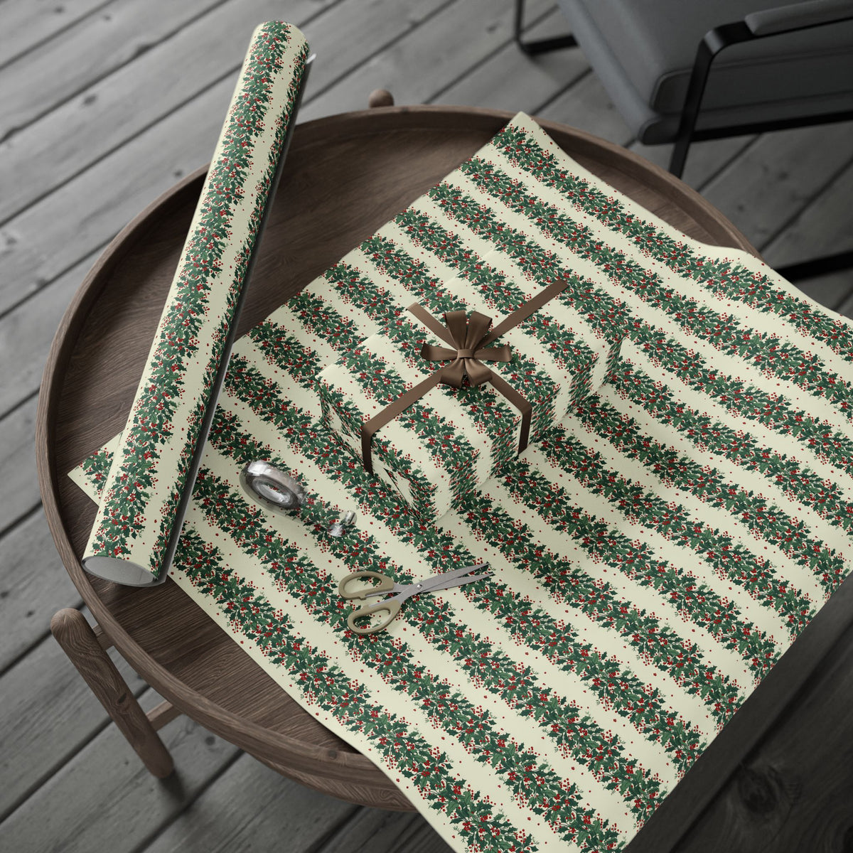Wrapping Paper Roll — Festive Green Wreath & Red Berry Holiday Wrap