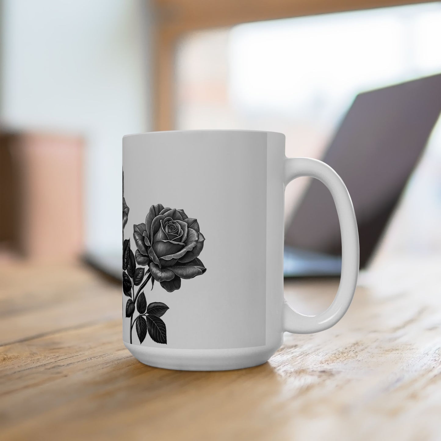 Elegant Floral Ceramic Mug - Black and White Rose Design, Coffee Cup, Gift for Her, Home Decor, Tea Lover's Perfect Mug