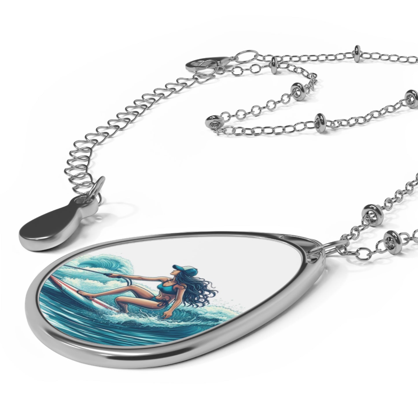 Surfing Oval Necklace - Beach Lifestyle Jewelry, Gift for Surfers, Coastal Fashion, Summer Accessory, Ocean Wave Pendant