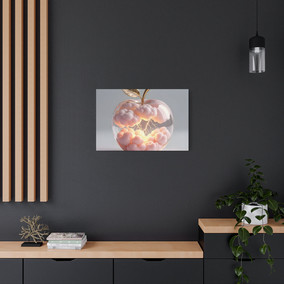 Surreal Glass Apple Canvas – Lightning & Pink Clouds Wall Art