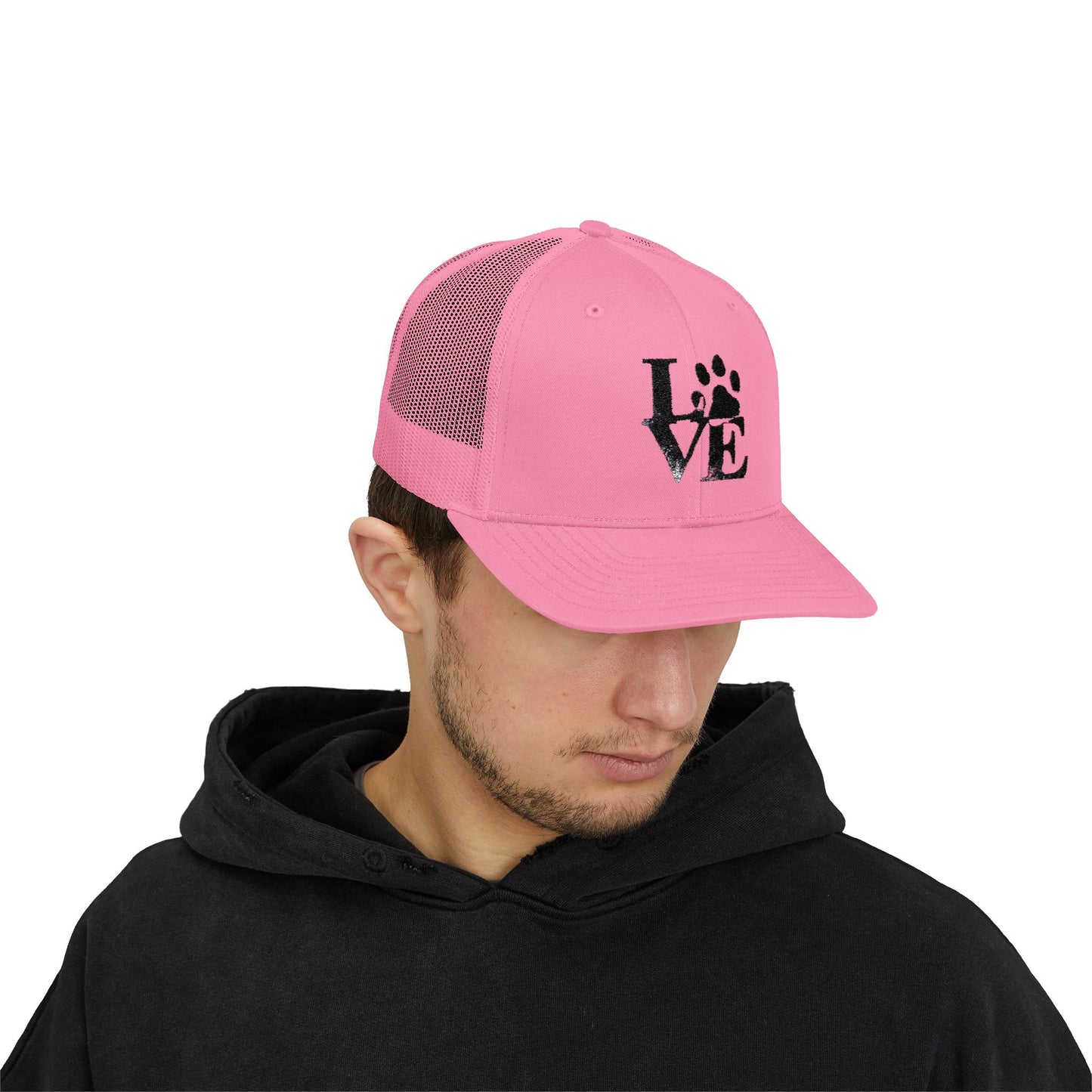 Love Paw Print Trucker Cap for Animal Lovers, Adjustable Snapback Hat for Pet Owners, Gifts for Dog Moms, Cat Dads, Pet Adoption Events