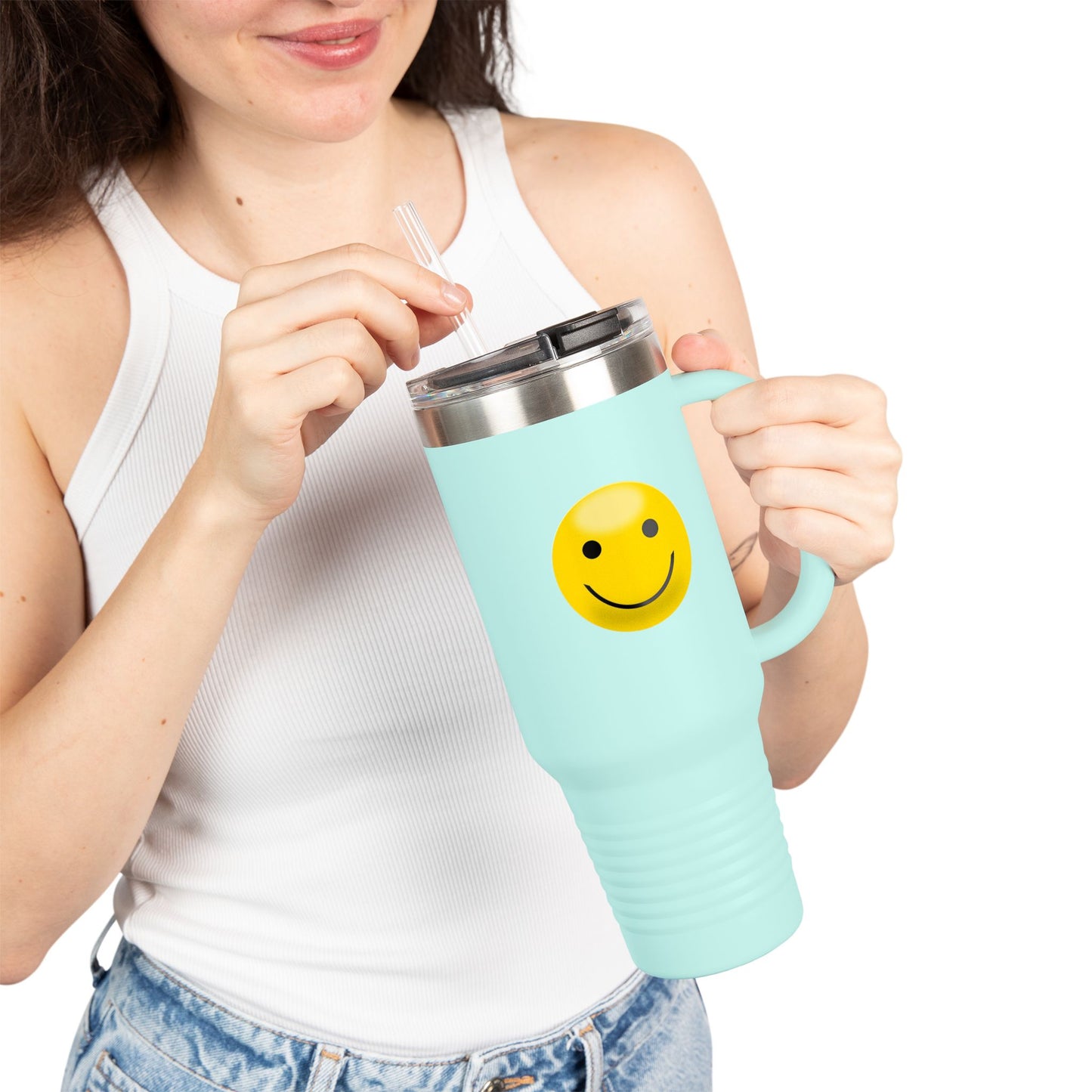 Smiley Face Insulated Travel Mug | 40oz Large Cup for Hot/Cold Beverages | Perfect for Travel & Gifting