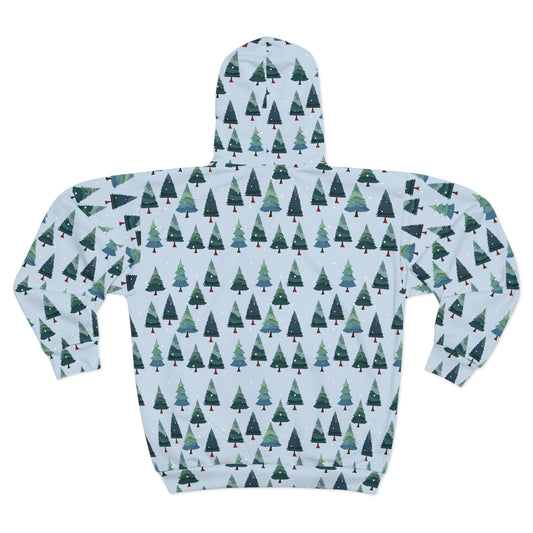 Cozy Forest Hoodie, Unisex Zip Hoodie, Tree Design, Winter Fashion, Christmas Gift, Outdoor Adventure Wear