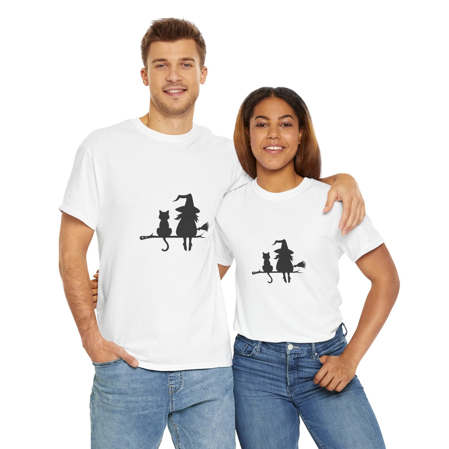 Witch and Cat Tee | Spooky Unisex Shirt for Halloween | Cute Witchwear for Cat Lovers | Fall Wardrobe Essential | Gift for Magical Friends