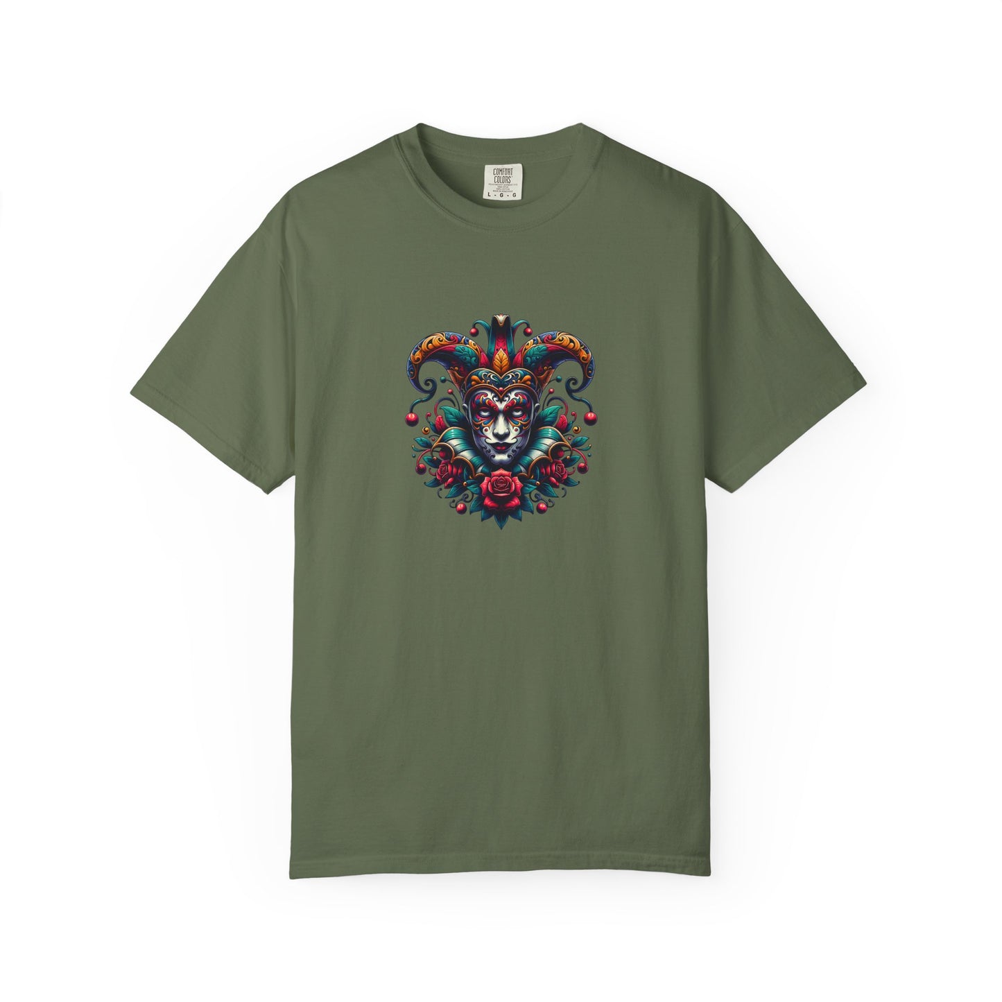 Vibrant Graphic Unisex T-Shirt with Floral Mask Design
