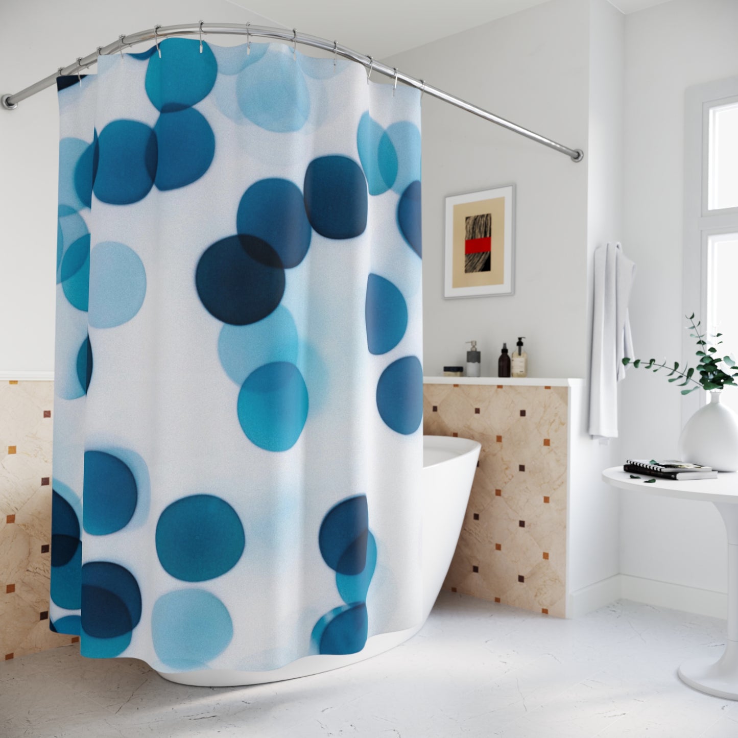 Modern Blue Polka Dot Shower Curtain, Stylish Bathroom Decor, Home Accessories, Refreshing Ambiance, Bathing Essentials, Gift