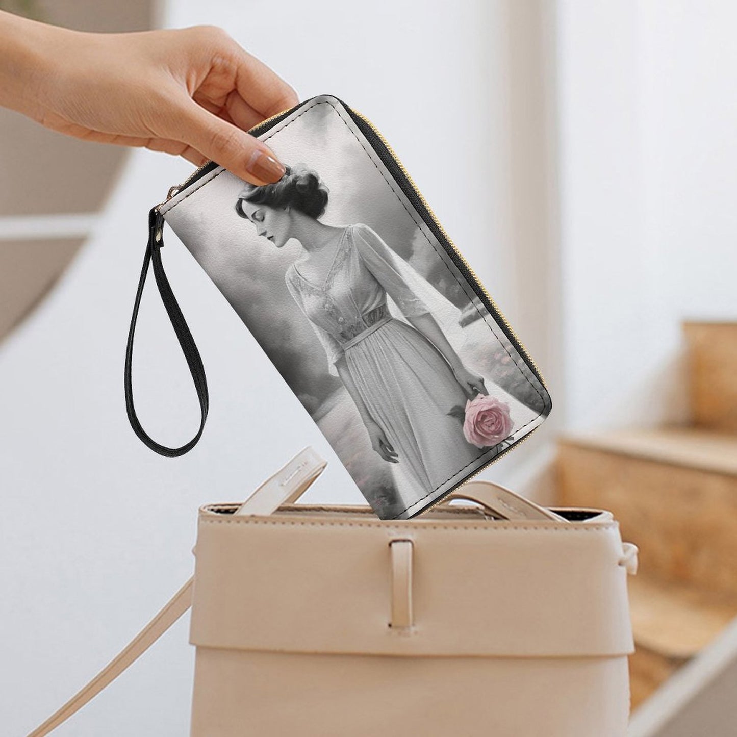 Leather Wallet with Wristlet Strap (2 Pictures on 2 Sides)