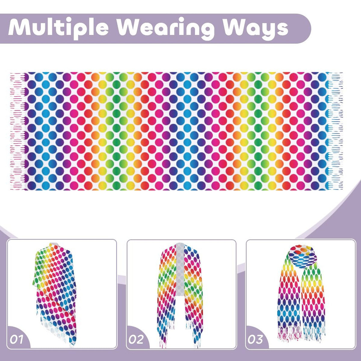 Cashmere-like Tassel Scarf Rainbow Dots