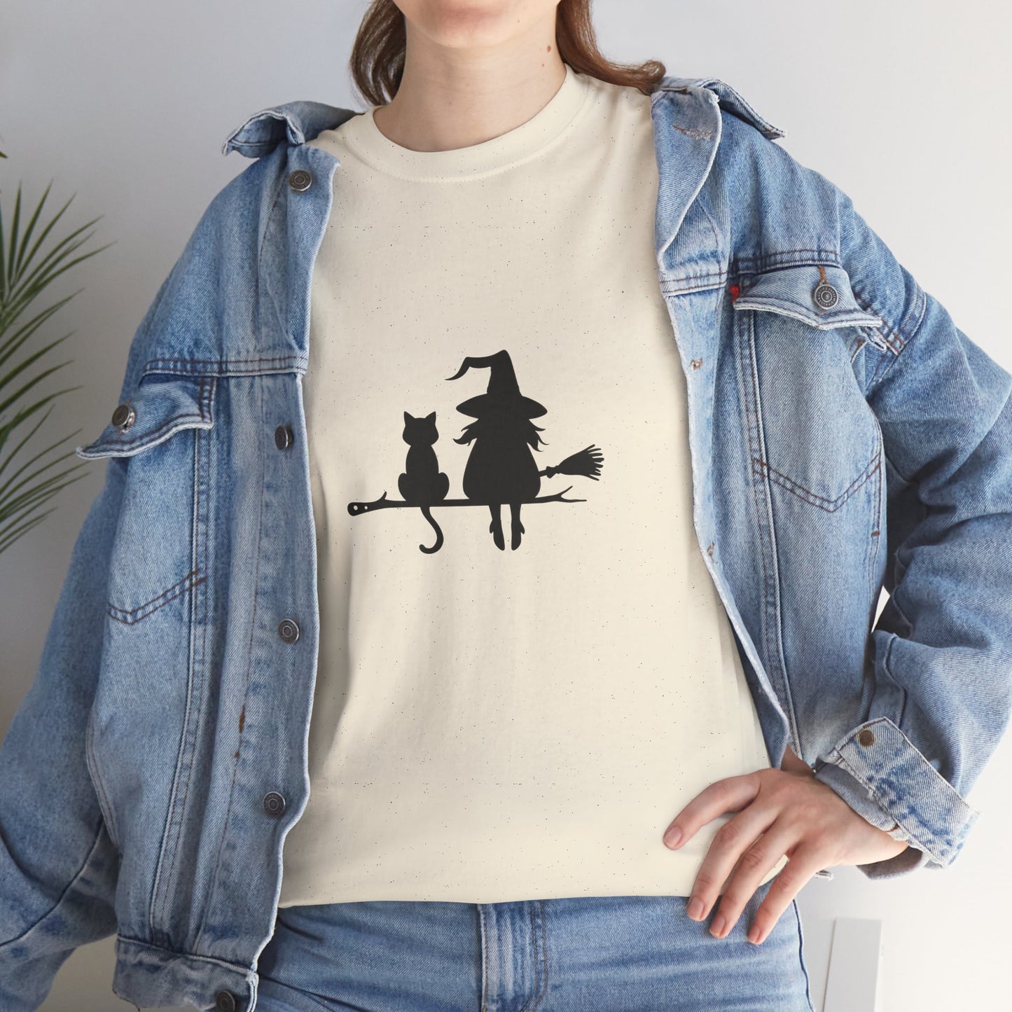 Witch and Cat Tee | Spooky Unisex Shirt for Halloween | Cute Witchwear for Cat Lovers | Fall Wardrobe Essential | Gift for Magical Friends