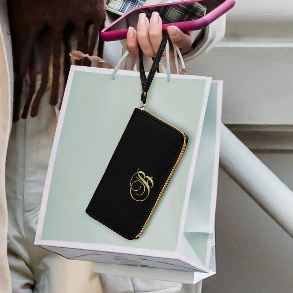 Leather Wallet with Wristlet Strap - Letter B