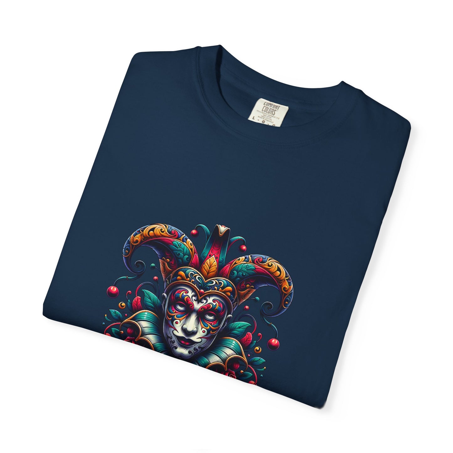 Vibrant Unisex Garment-Dyed T-shirt Featuring Colorful Jester Design, Festival Fashion