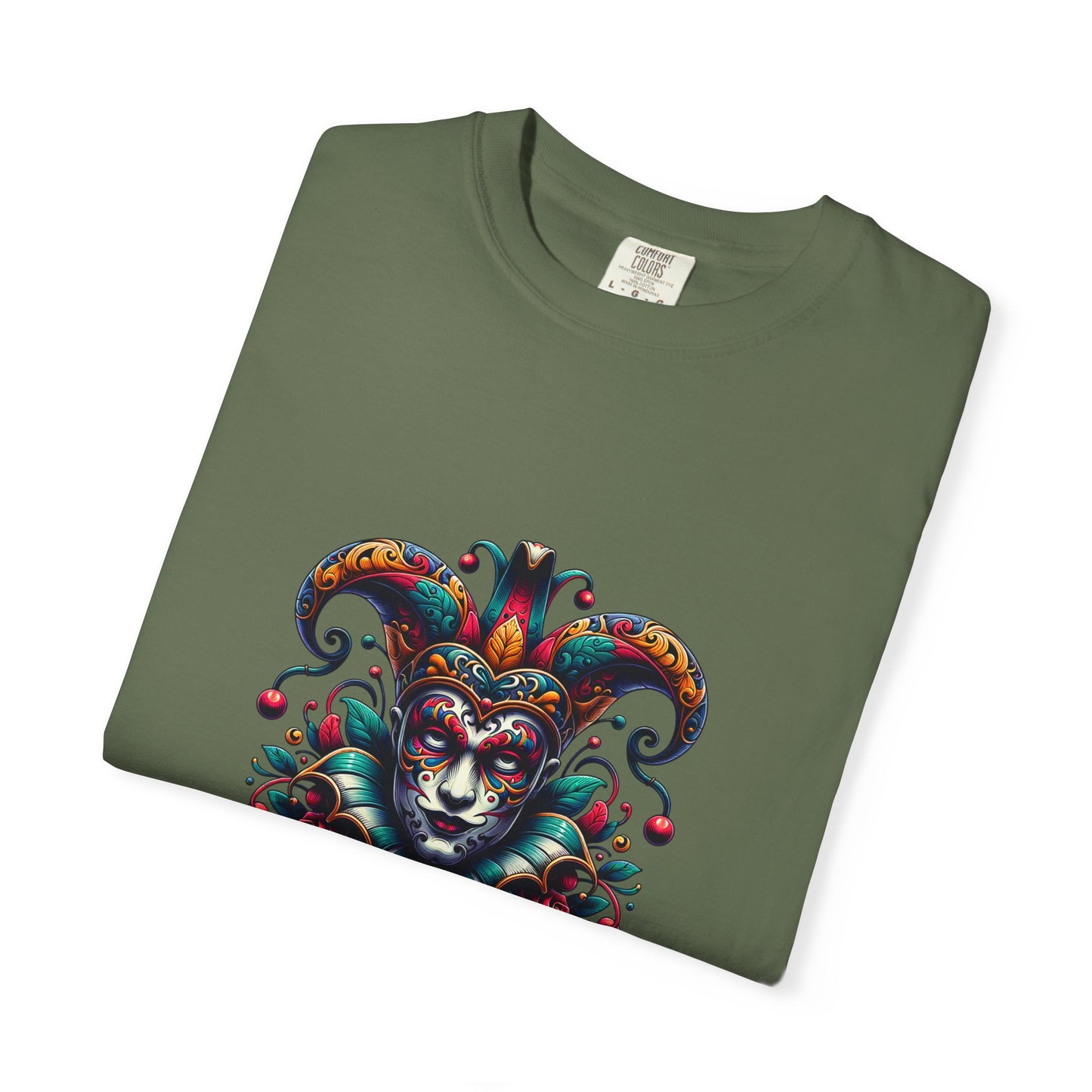 Vibrant Unisex Garment-Dyed T-shirt Featuring Colorful Jester Design, Festival Fashion