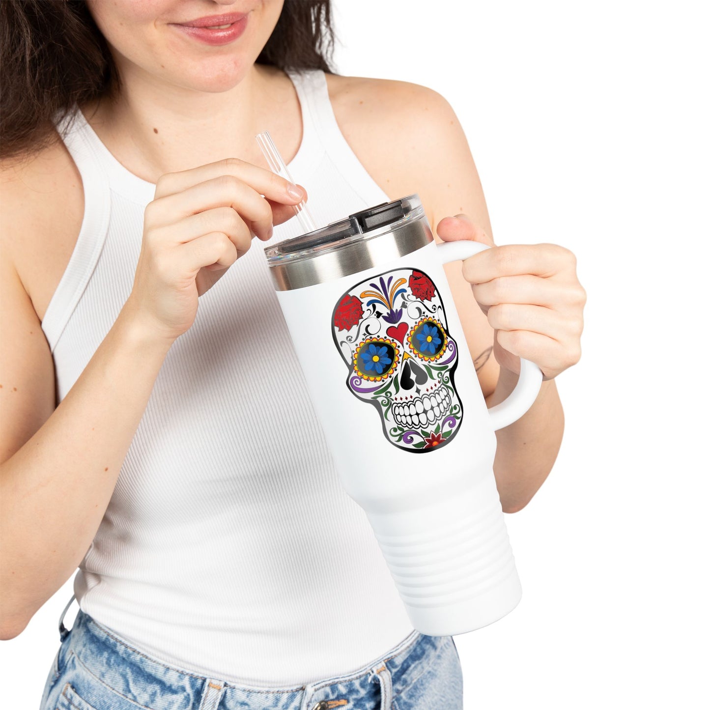 Colorful Sugar Skull Insulated Travel Mug, 40oz, Perfect for Road Trips, Gifts