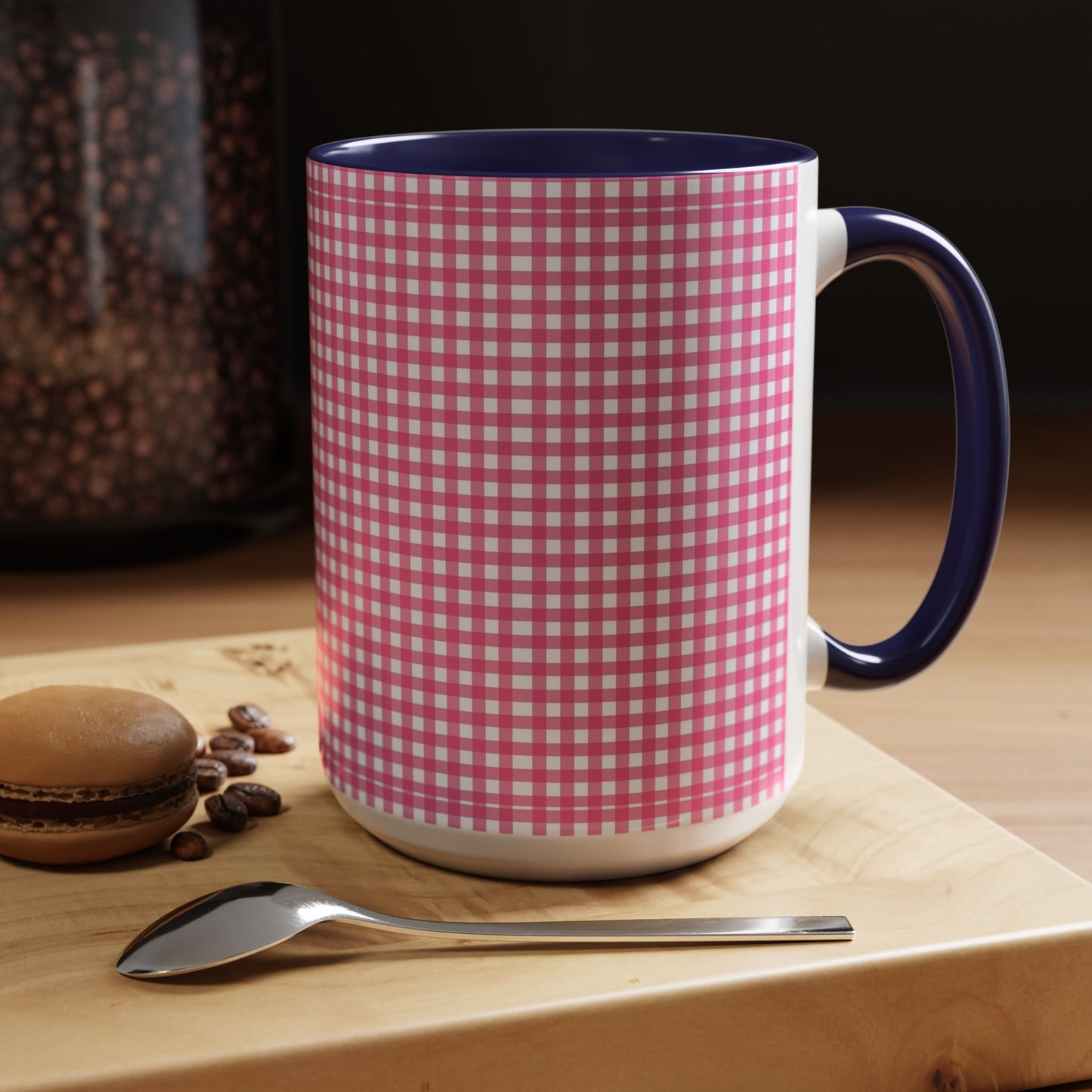 Pink Gingham Accent Coffee Mug, Cute Kitchen Decor, Gift for Coffee Lovers, Home Office Mug, Spring and Summer Vibes
