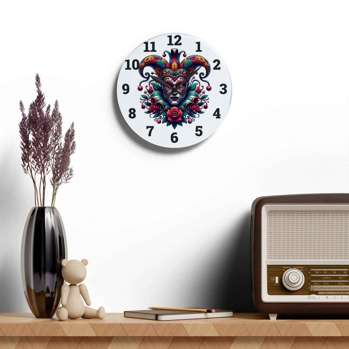 Vibrant Acrylic Wall Clock with Jester Design - Colorful Home