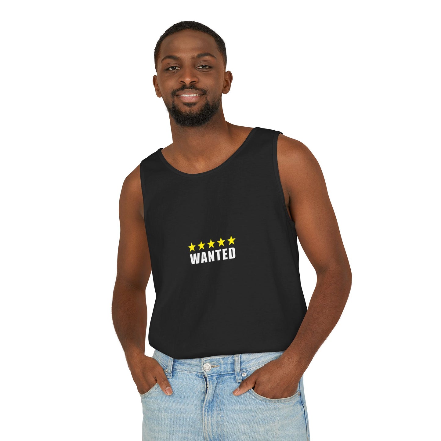 5-Star "WANTED" Garment-Dyed Tank Top, Unisex Summer Shirt, Gift for Him/Her, Trendy Casual Wear, Pool Party Outfit, Unique Graphic Tee