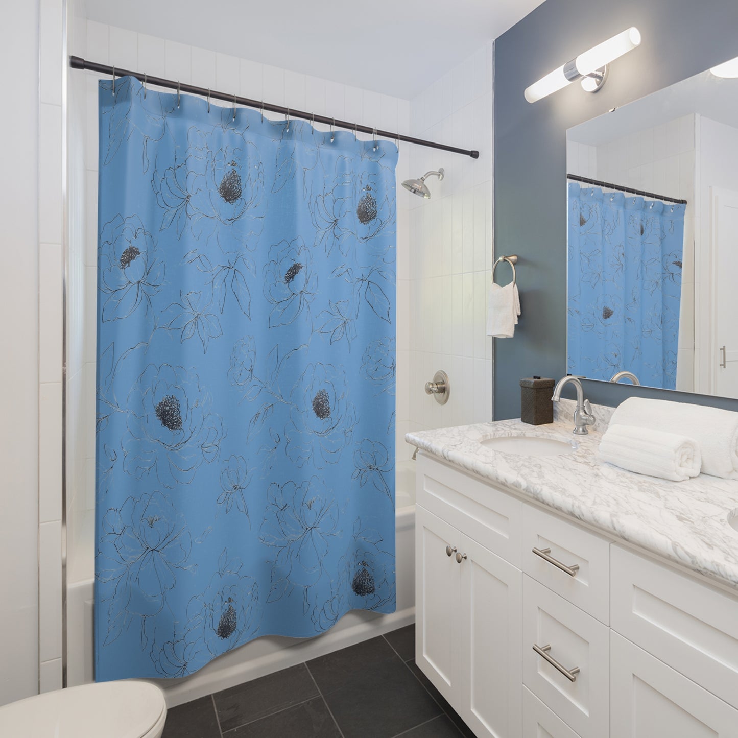 Elegant Floral Shower Curtain, Blue and White Bathroom Decor