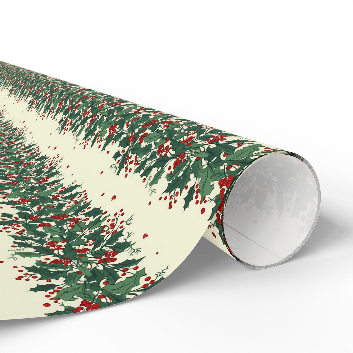 Wrapping Paper Roll — Festive Green Wreath & Red Berry Holiday Wrap
