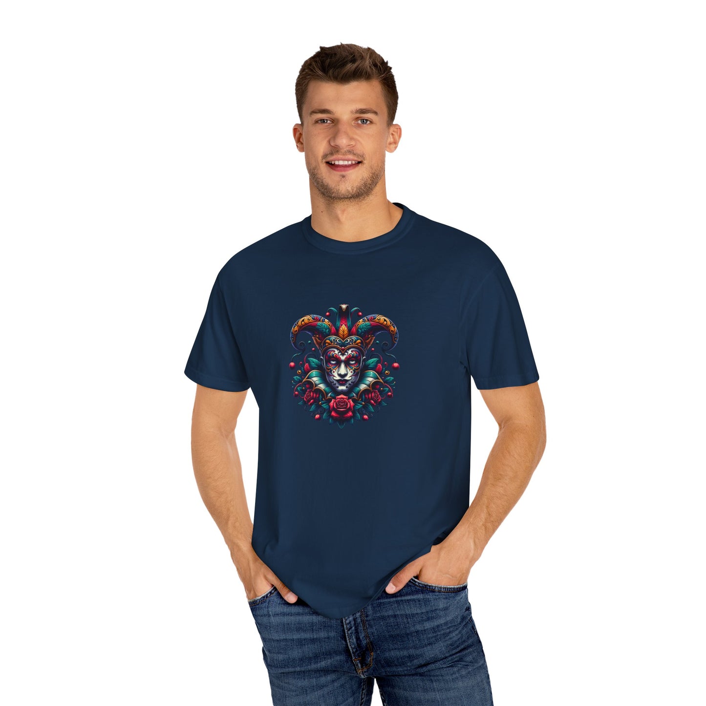 Vibrant Graphic Unisex T-Shirt with Floral Mask Design